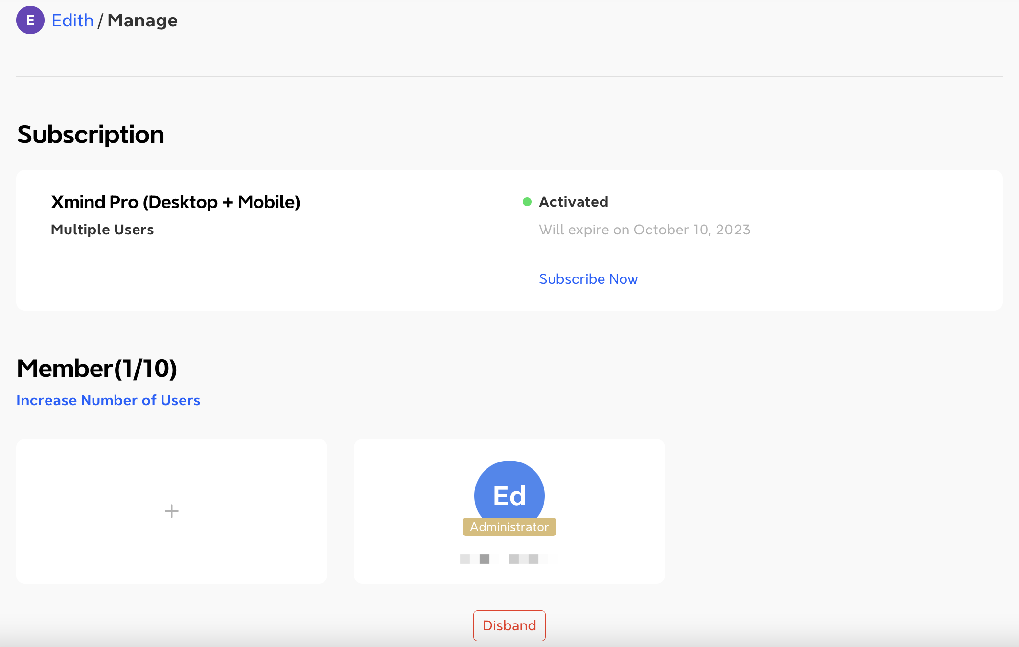 Detalles de la suscripción Pro de Xmind que muestran el estado de activación, la fecha de caducidad y un miembro administrador listado.