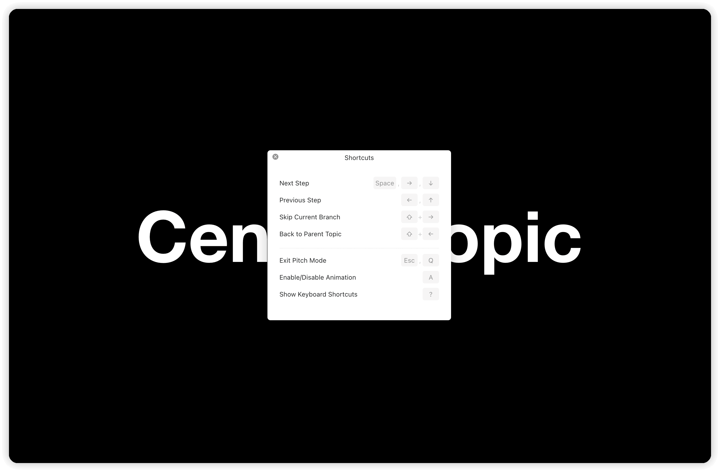 Menu des raccourcis clavier avec des options telles que Étape suivante, Étape précédente et Retour au sujet parent, sur fond noir.