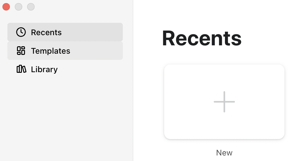 Sidebar with menu options for “Recents,” “Templates,” and “Library,” and a main section labeled “Recents” with a plus icon to add new items.