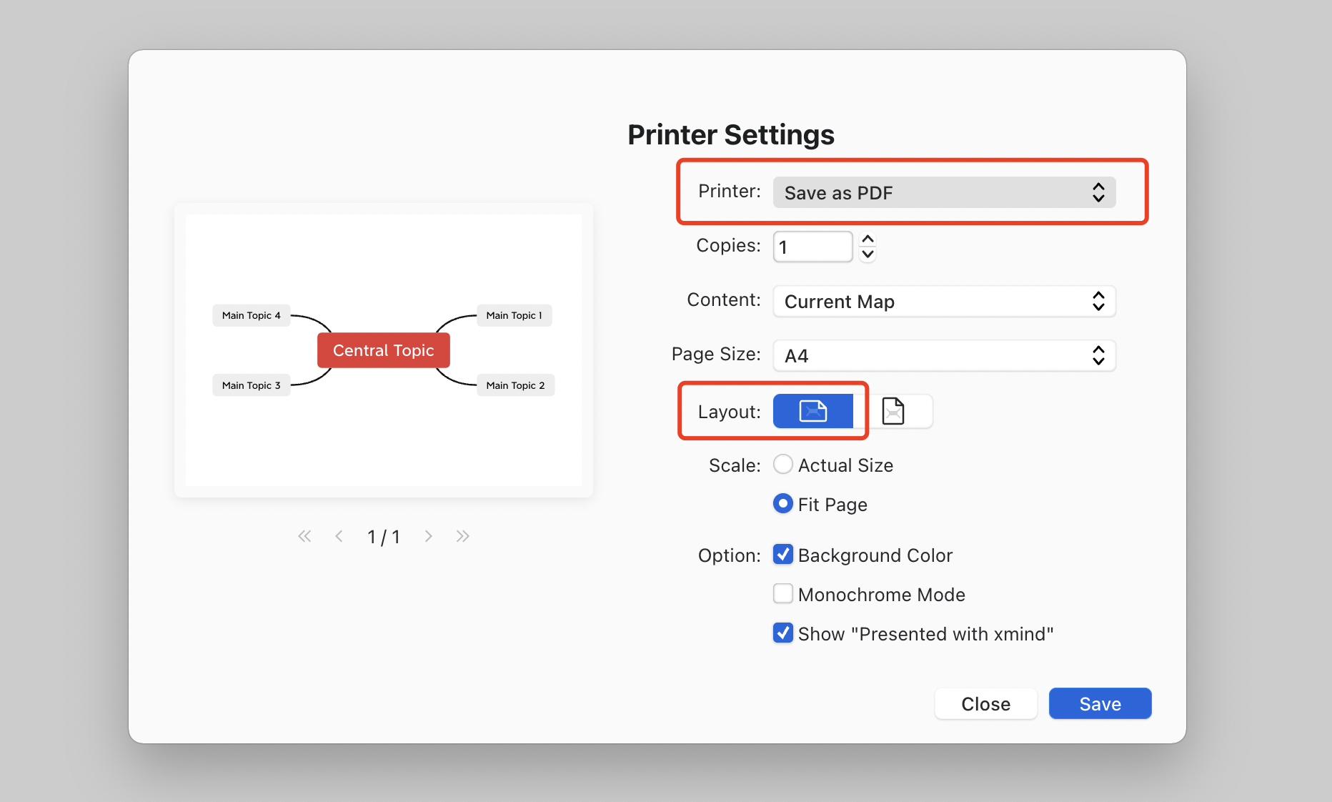 Printer settings interface showing options to save a mind map as PDF with layout and page size selections.