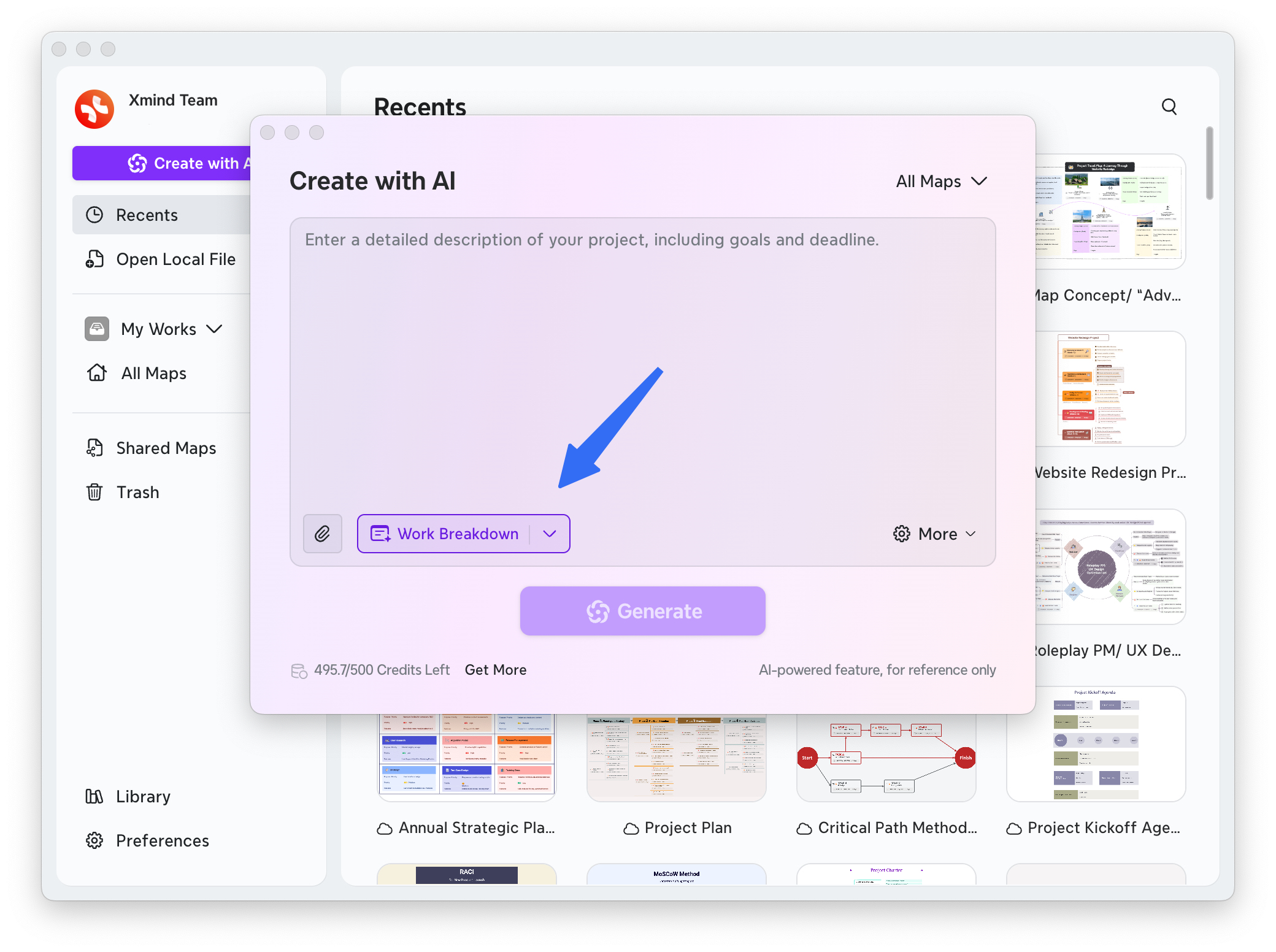 Benutzeroberfläche der KI-Projektplanung mit Dropdown-Menü