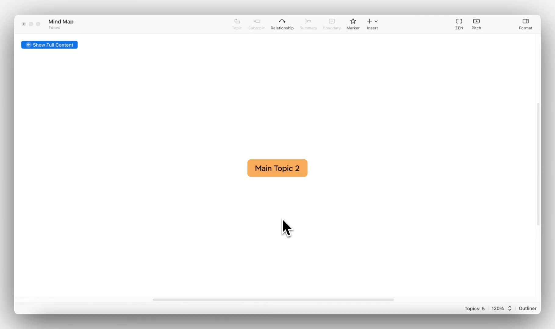 Mind map interface with “Main Topic 2” highlighted in orange on a blank canvas.