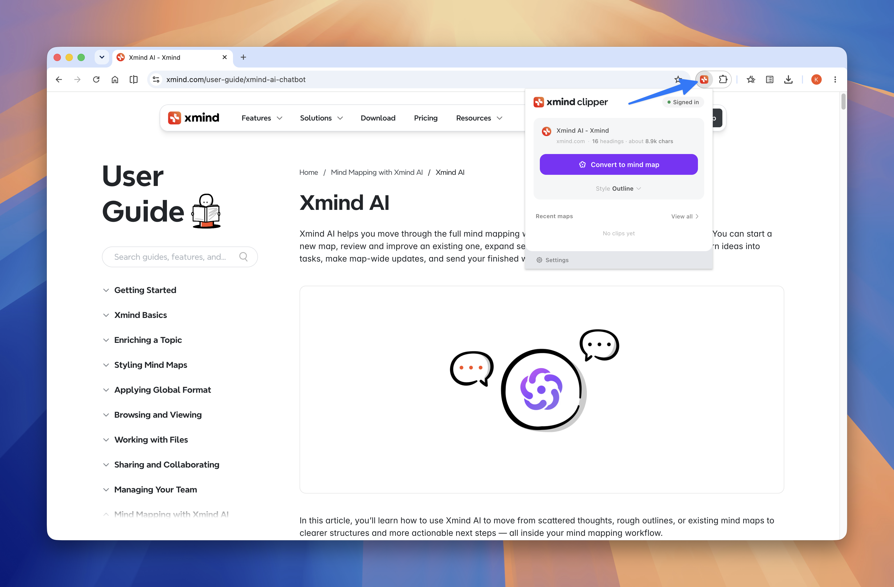 Xmind Web Clipper browser extension popup showing convert to mind map button