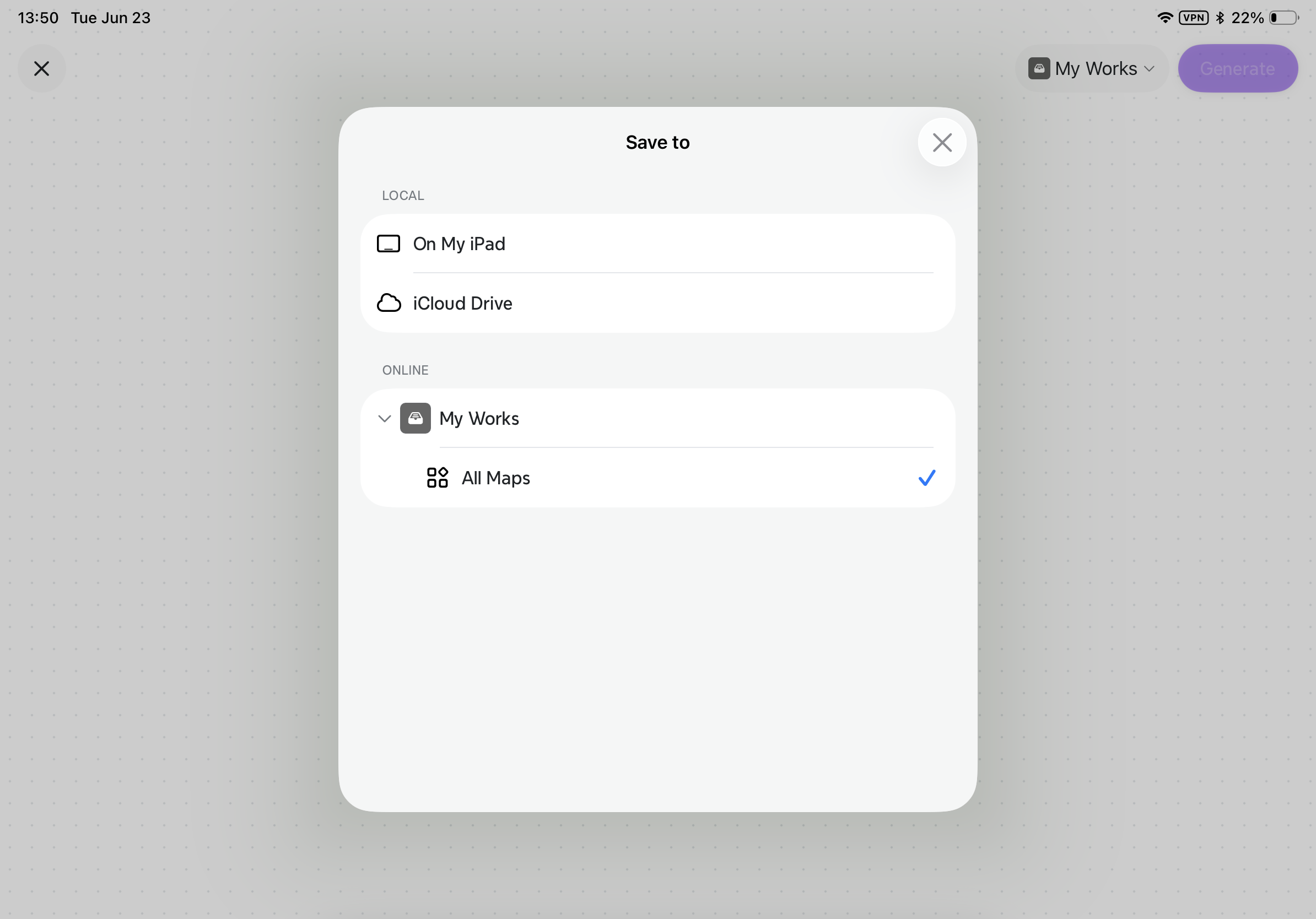 Une capture d’écran des options d’emplacement de sauvegarde dans Xmind, montrant les choix de stockage local et cloud pour un fichier Dessin pour créer une carte.