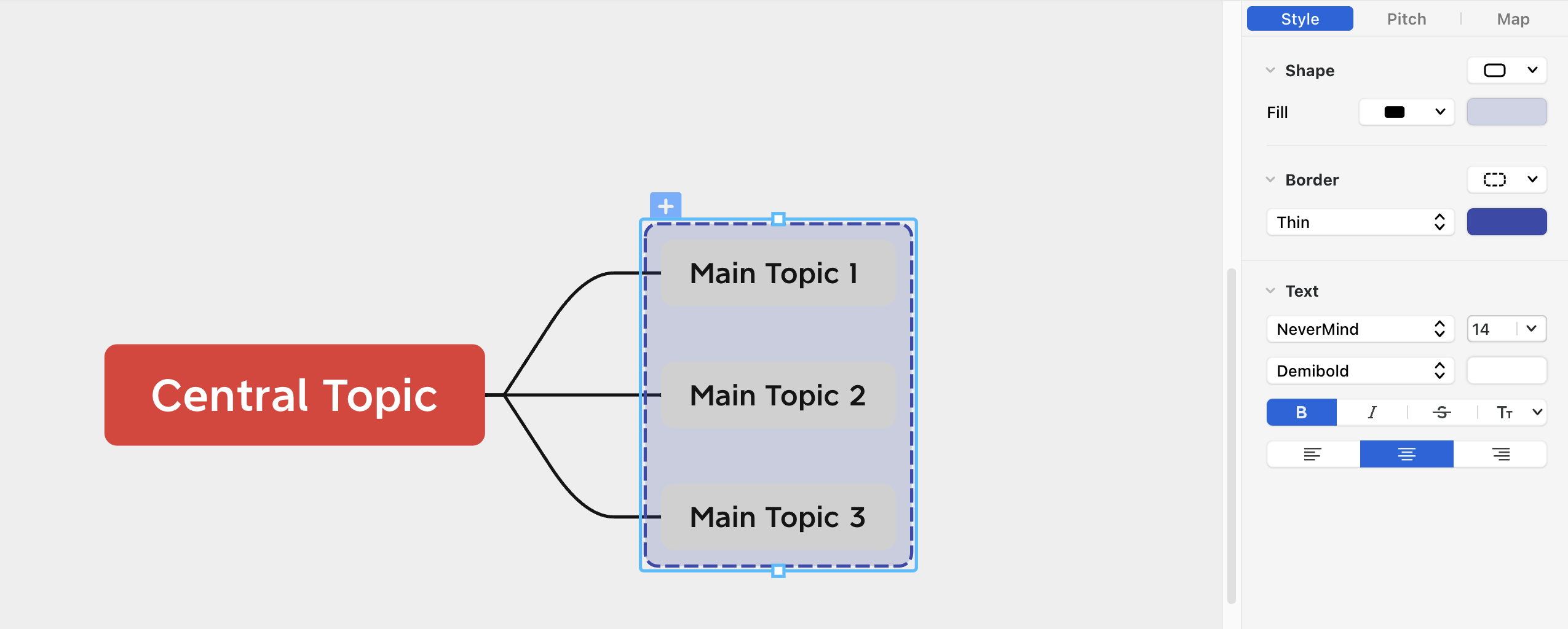 A mind map showing a central topic with three main subtopics connected by lines.