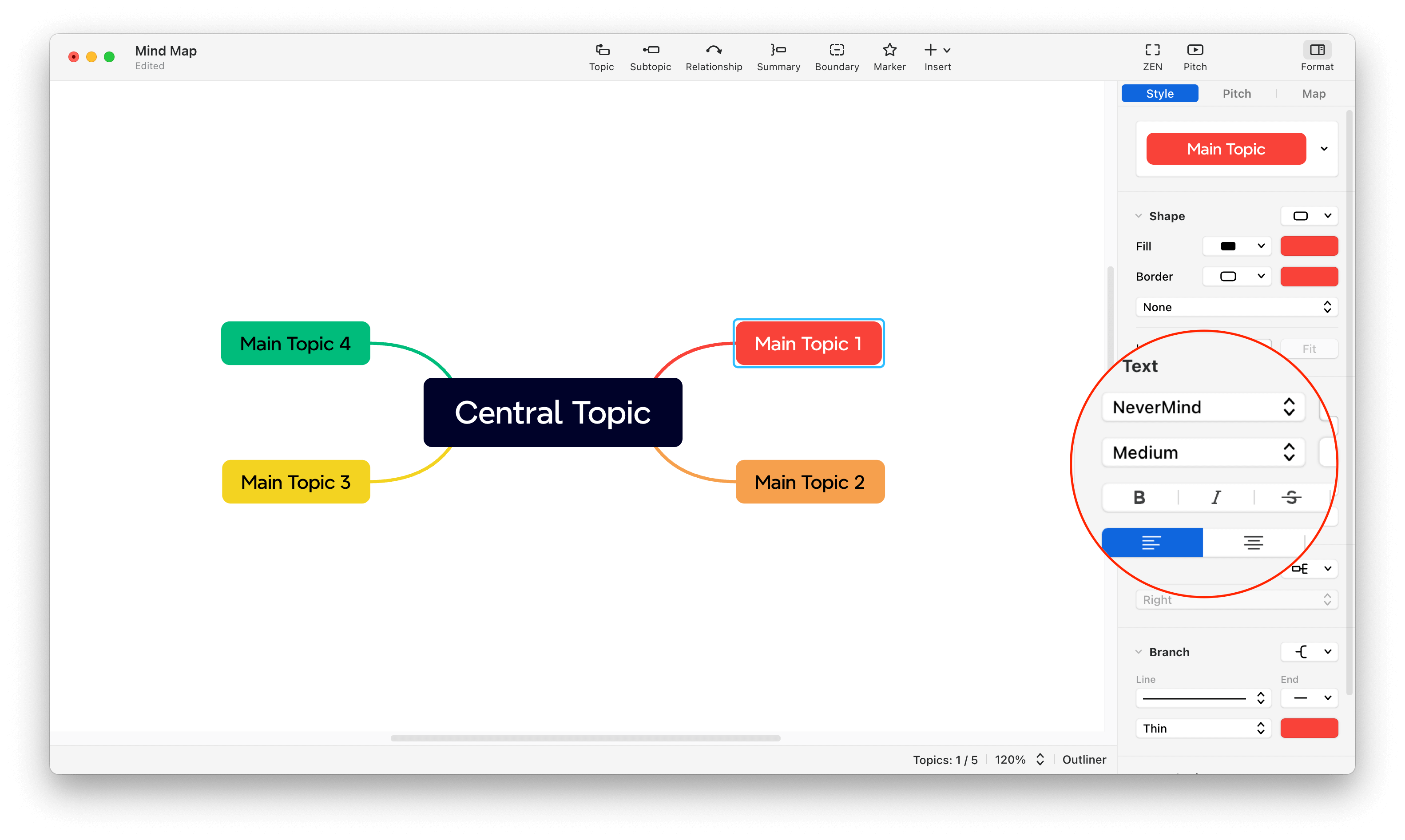 Mind map displaying a central topic labeled “Central Topic” with four main topics branching out.