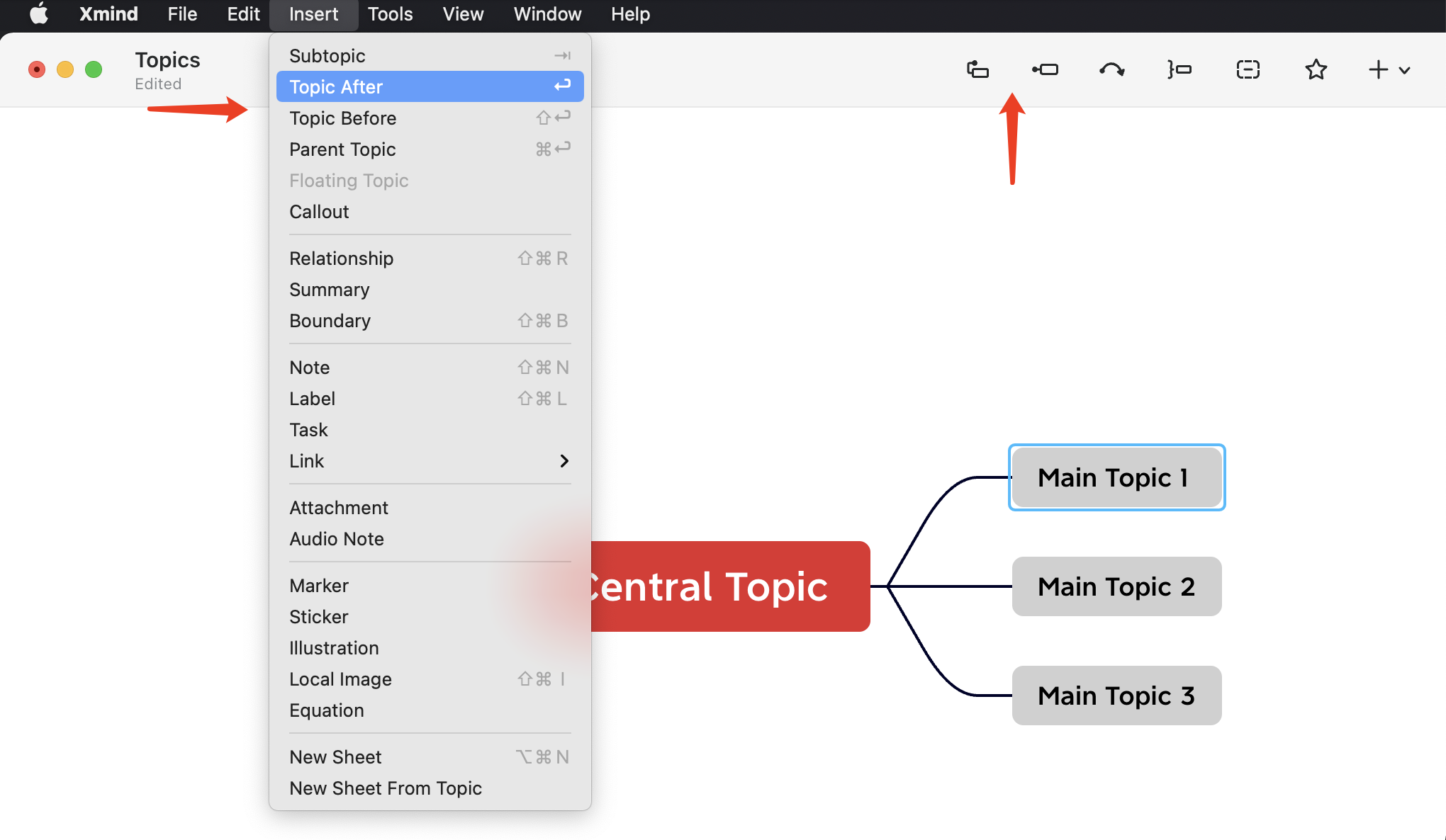 Xmind app interface showing a dropdown menu for adding topics with “Central Topic” and three main topics listed.
