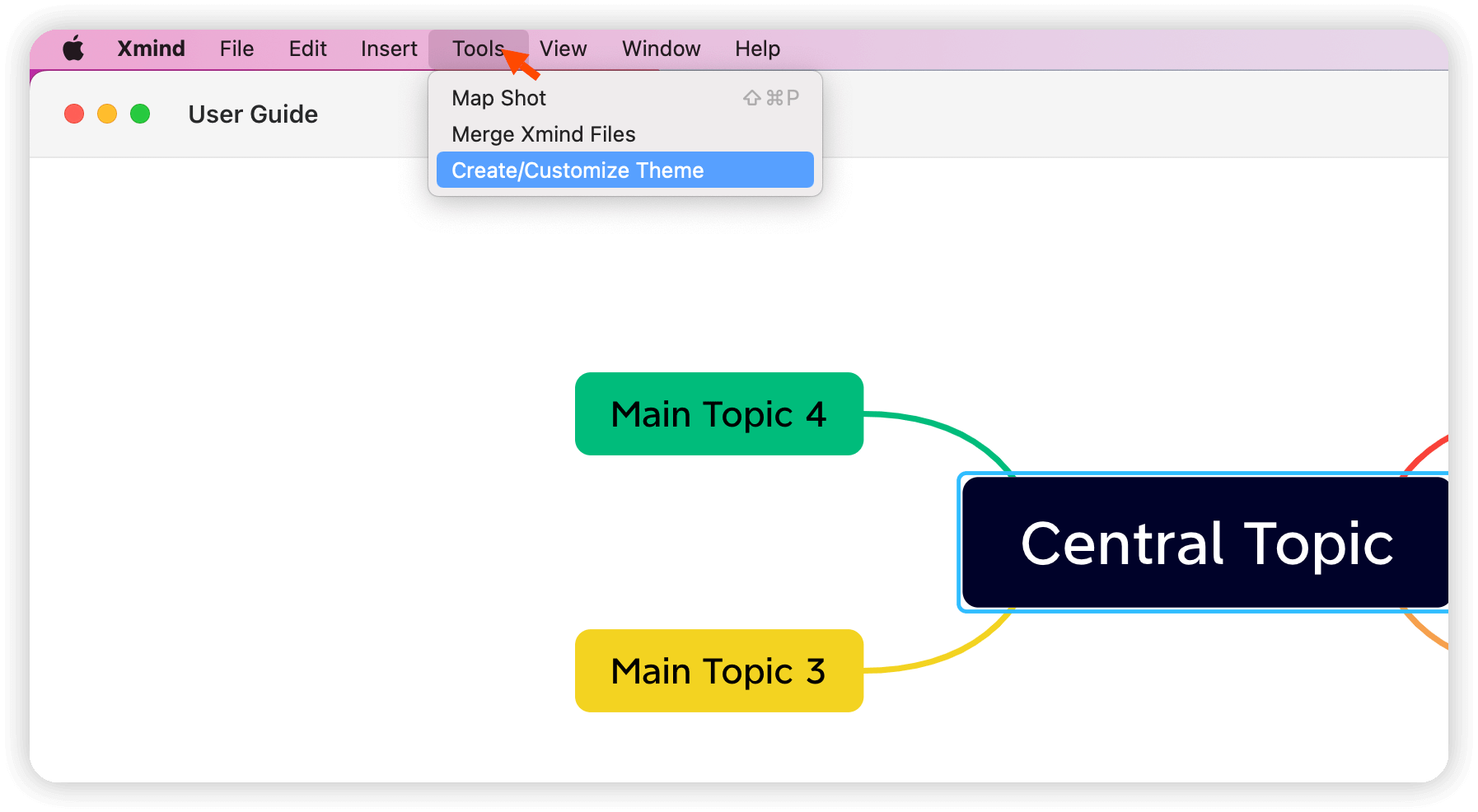 Screenshot of Xmind interface showing the “Tools” menu with options and a mind map displaying central and main topics.