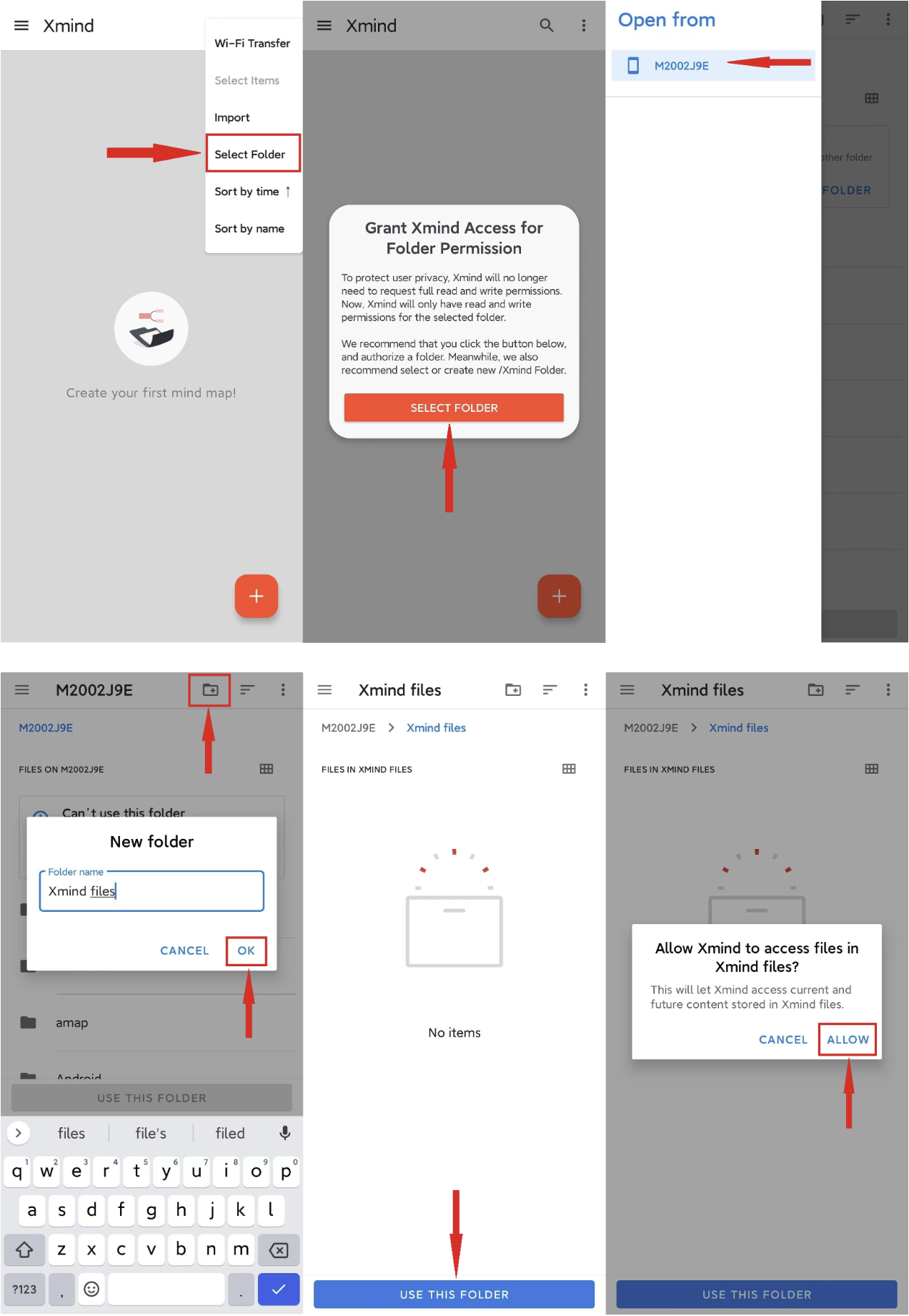 Screenshots of the Xmind app showing folder selection and permission prompts for file access.