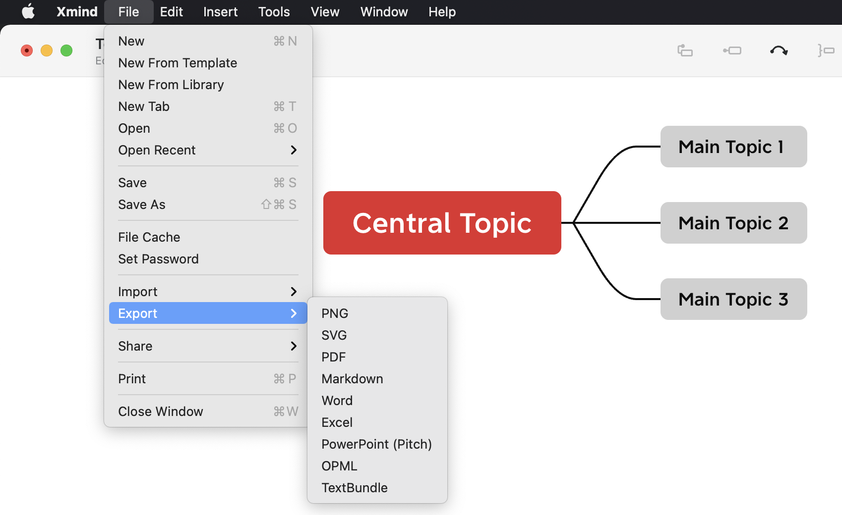 Screenshot of Xmind interface showing file export options and a mind map with a central topic and three main topics.