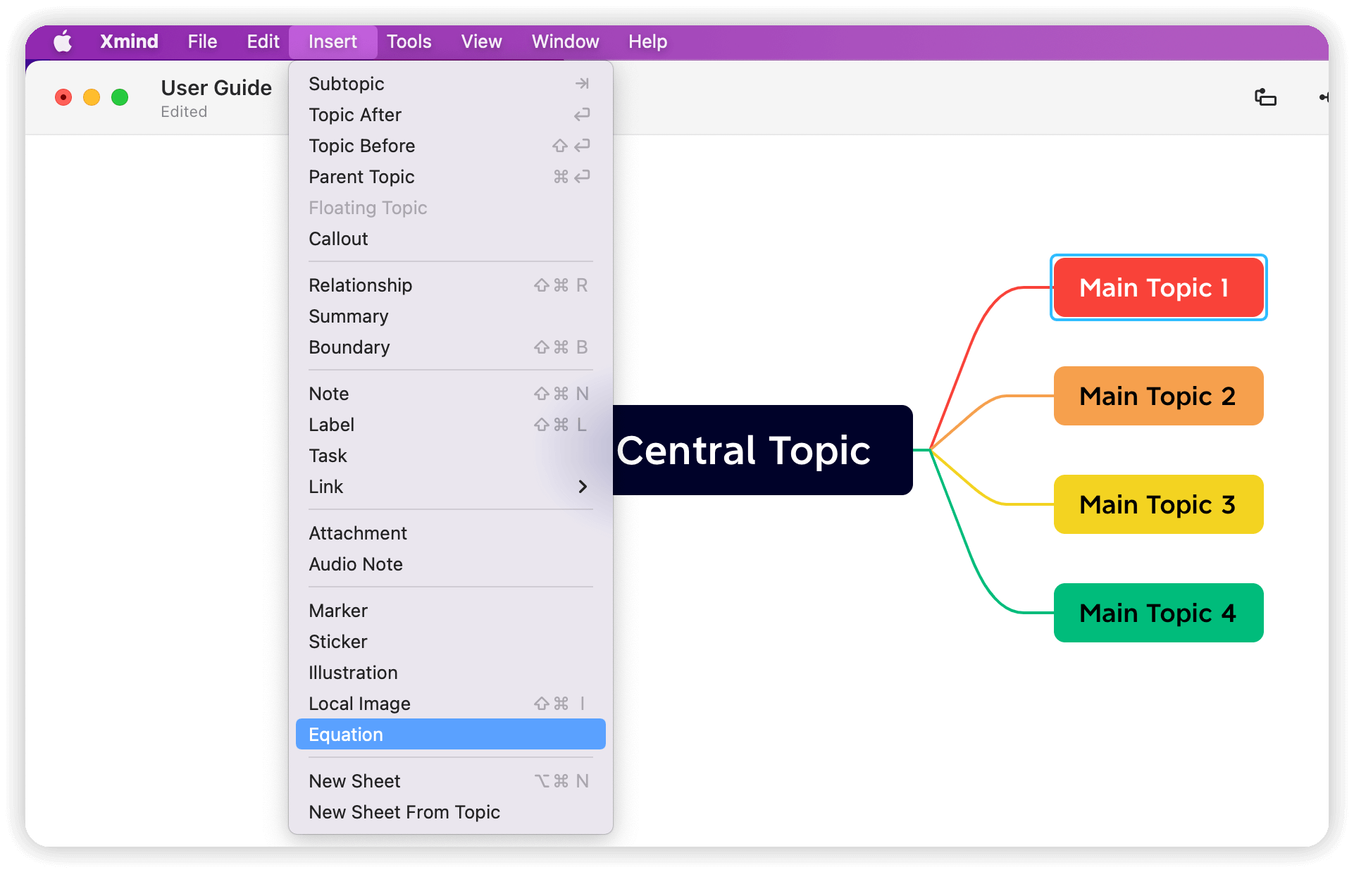 Xmind user interface showing a menu for inserting various topics, with a central topic and main topics connected in a mind map layout.