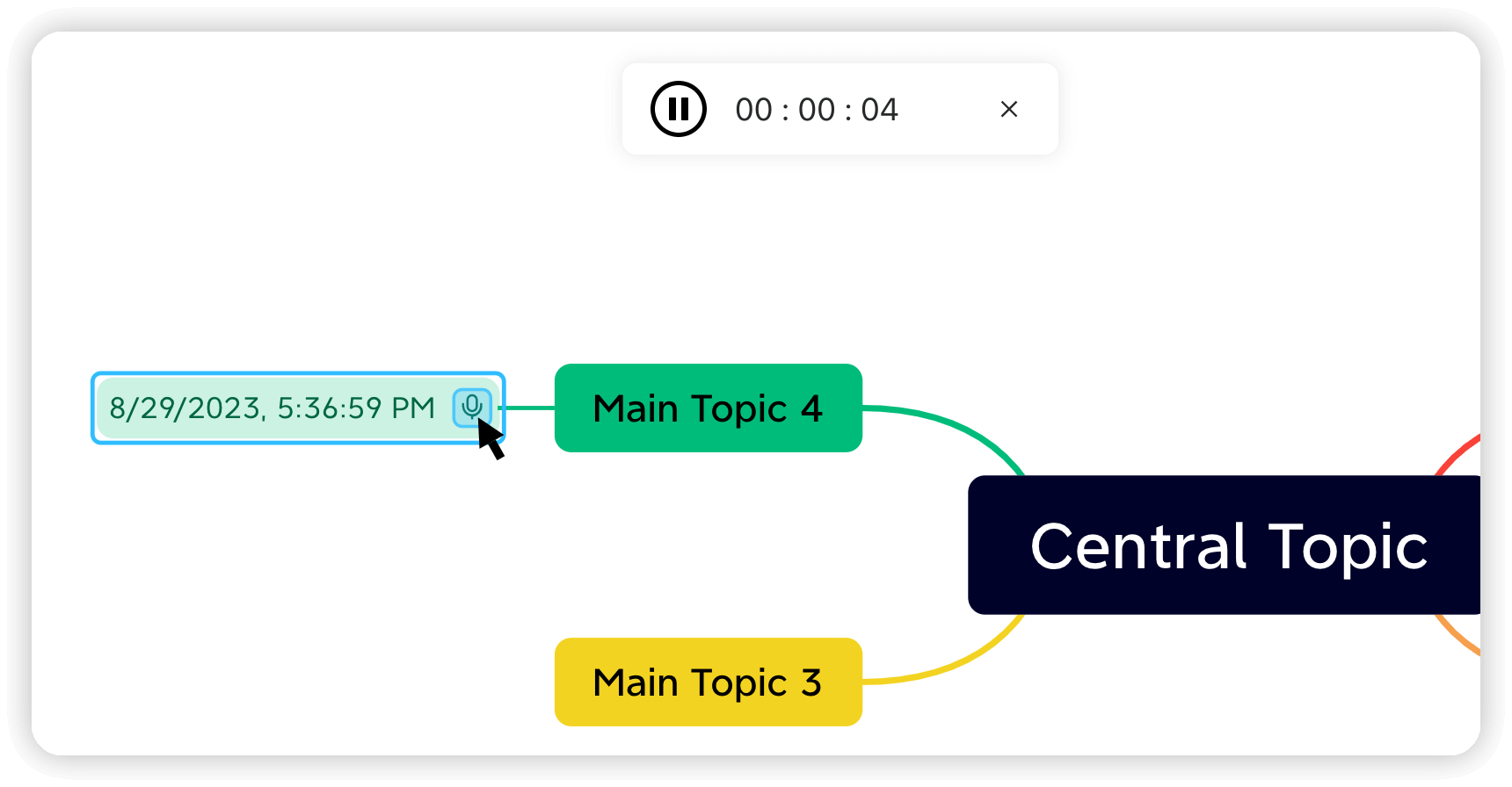 Mind map depicting a central topic with branches for “Main Topic 3” and “Main Topic 4,” alongside a timestamp and play button.