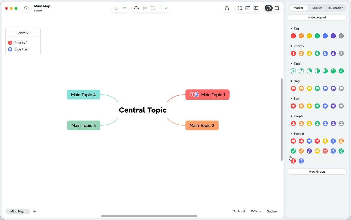 Une capture d’écran du panneau Marqueurs dans Xmind Desktop, montrant le bouton Nouveau groupe pour créer un groupe de marqueurs personnalisés.