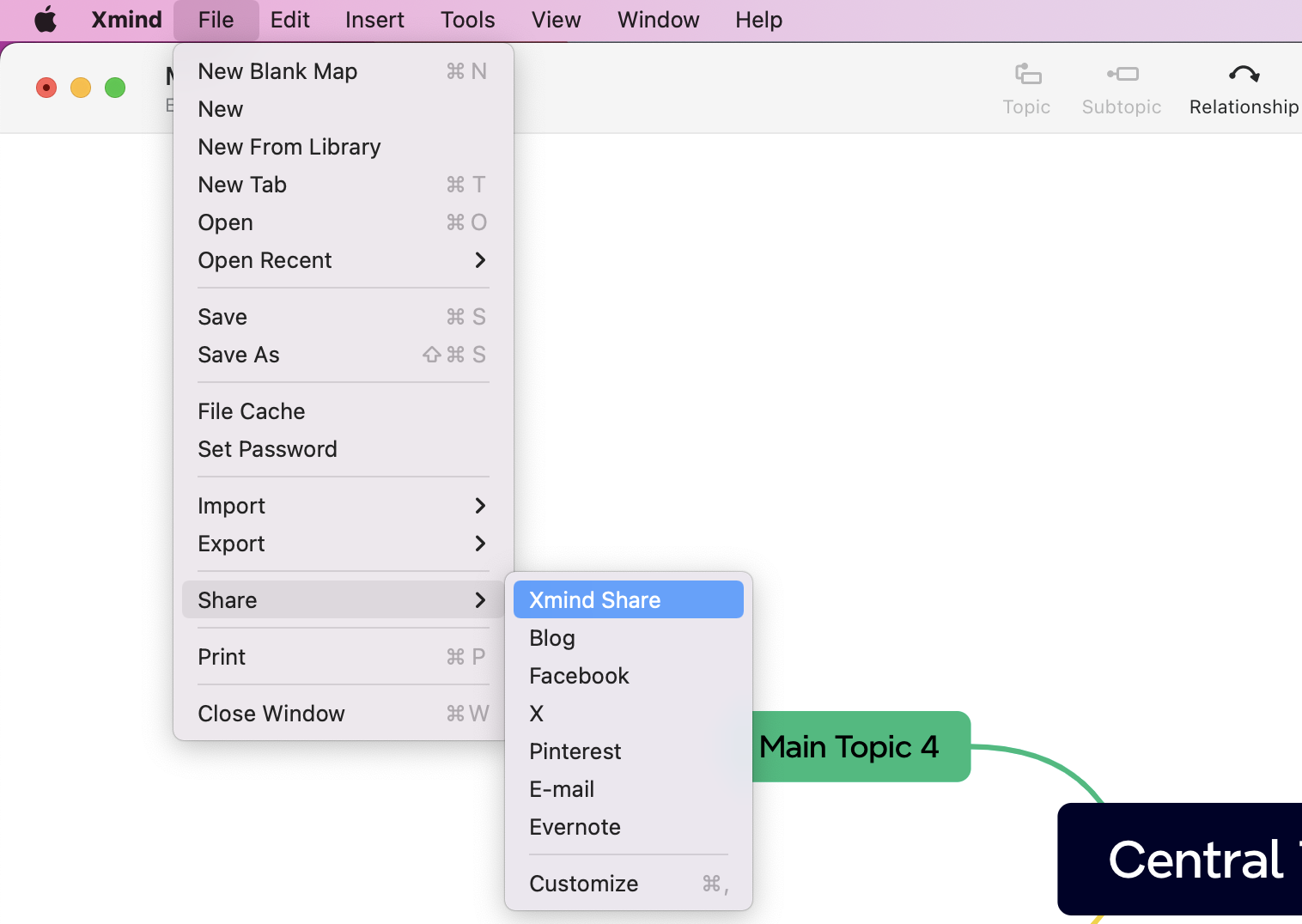 Xmind menu showing file options with a focus on sharing, alongside a mind map displaying central topic and main topic.