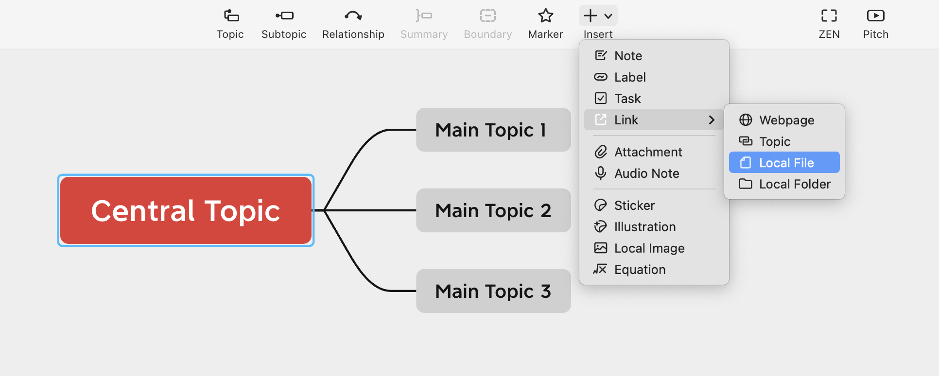 Mind map with a central topic labeled “Central Topic” connected to three main topics and an insert menu for linking options.