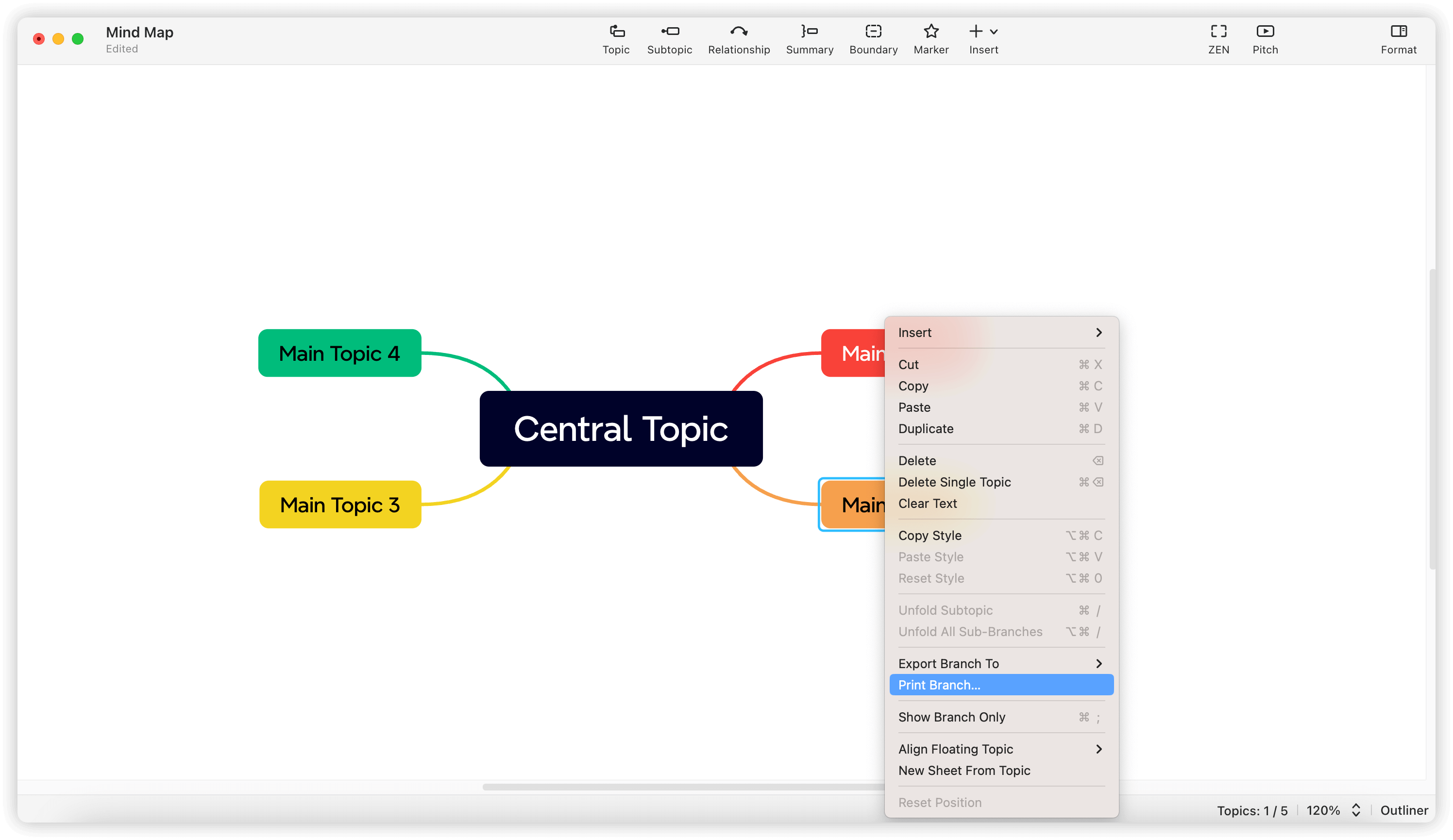 Mind map interface displaying a central topic with four main topics connected and a dropdown menu with options.