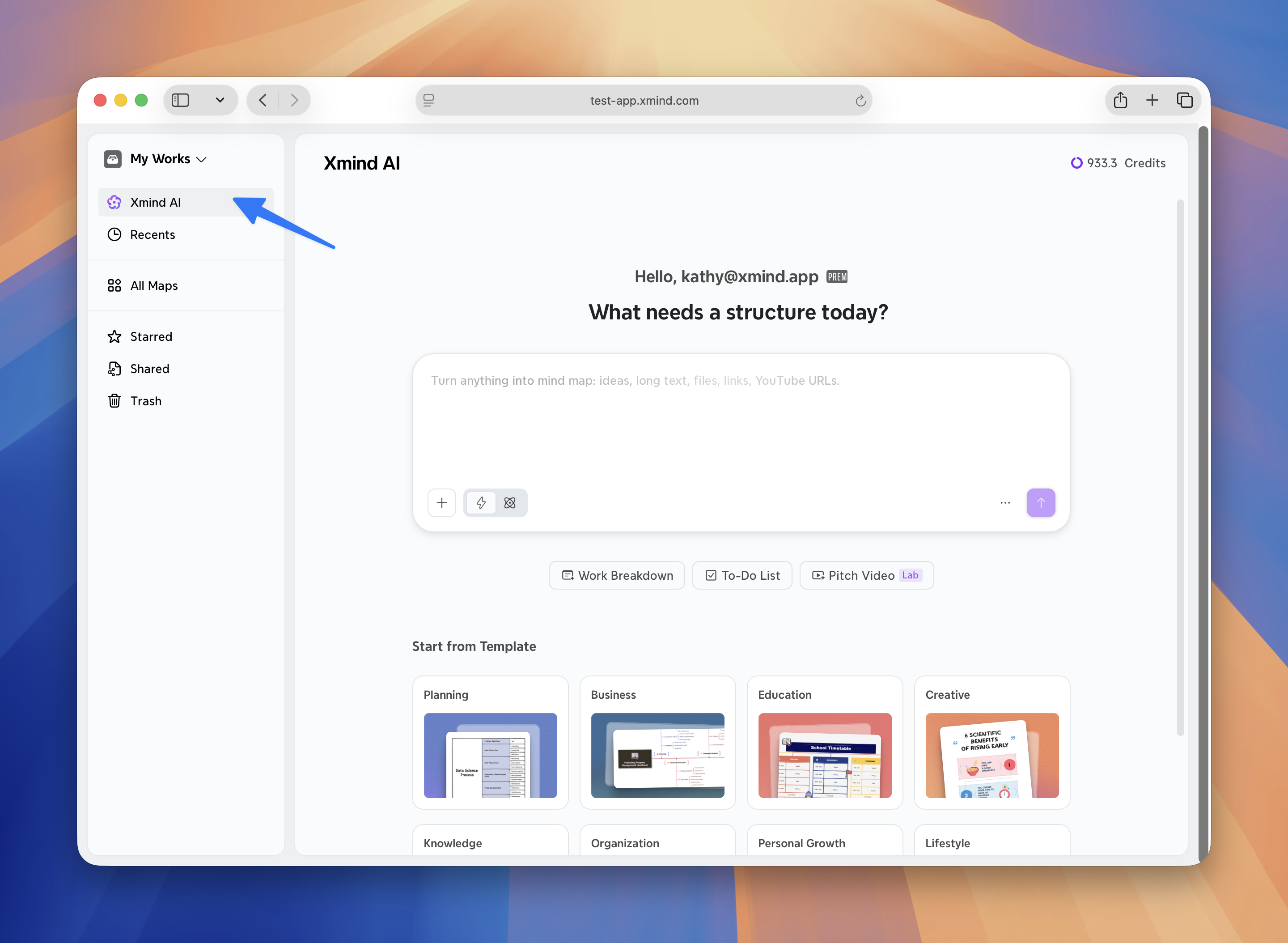 Xmind AI interface with sidebar navigation highlighted and text input area displayed.