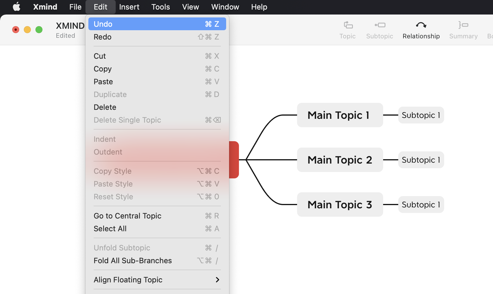 Menu options for the Xmind software showing “Edit” commands, with main topics and subtopics displayed on the right.