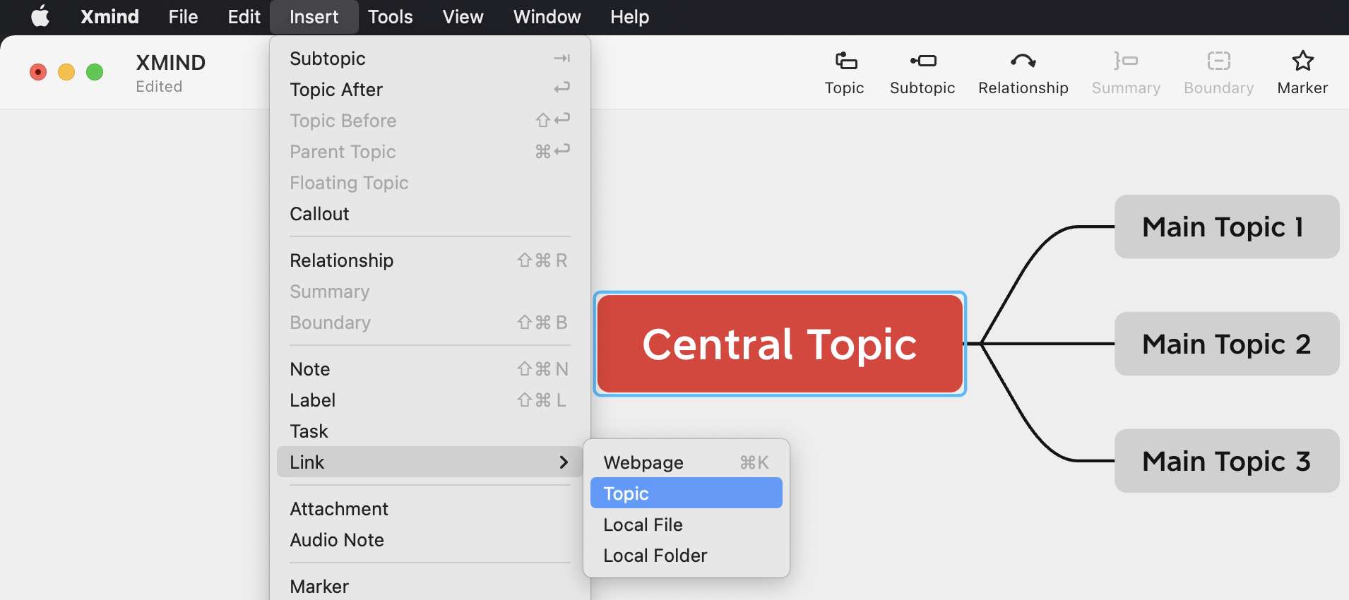 Xmind mind mapping interface showing options for inserting topics, with a highlighted central topic.