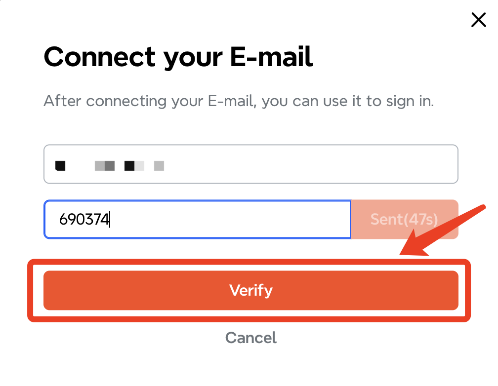 Pantalla de conexión por correo electrónico que muestra un campo para ingresar un código, un botón “Verificar” y un temporizador que indica un código enviado.
