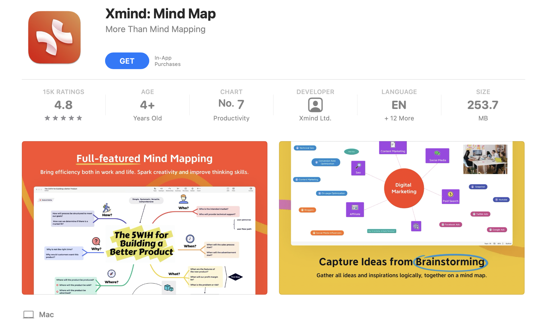 App promotional image for Xmind featuring mind mapping tools and benefits, with sections on digital marketing strategies.