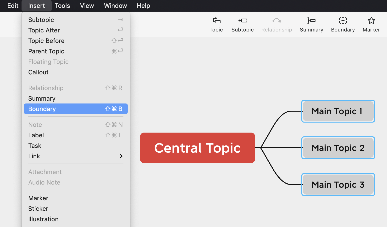Menu options for inserting elements in a mind mapping tool, with “Boundary” highlighted and a central topic diagram displayed.