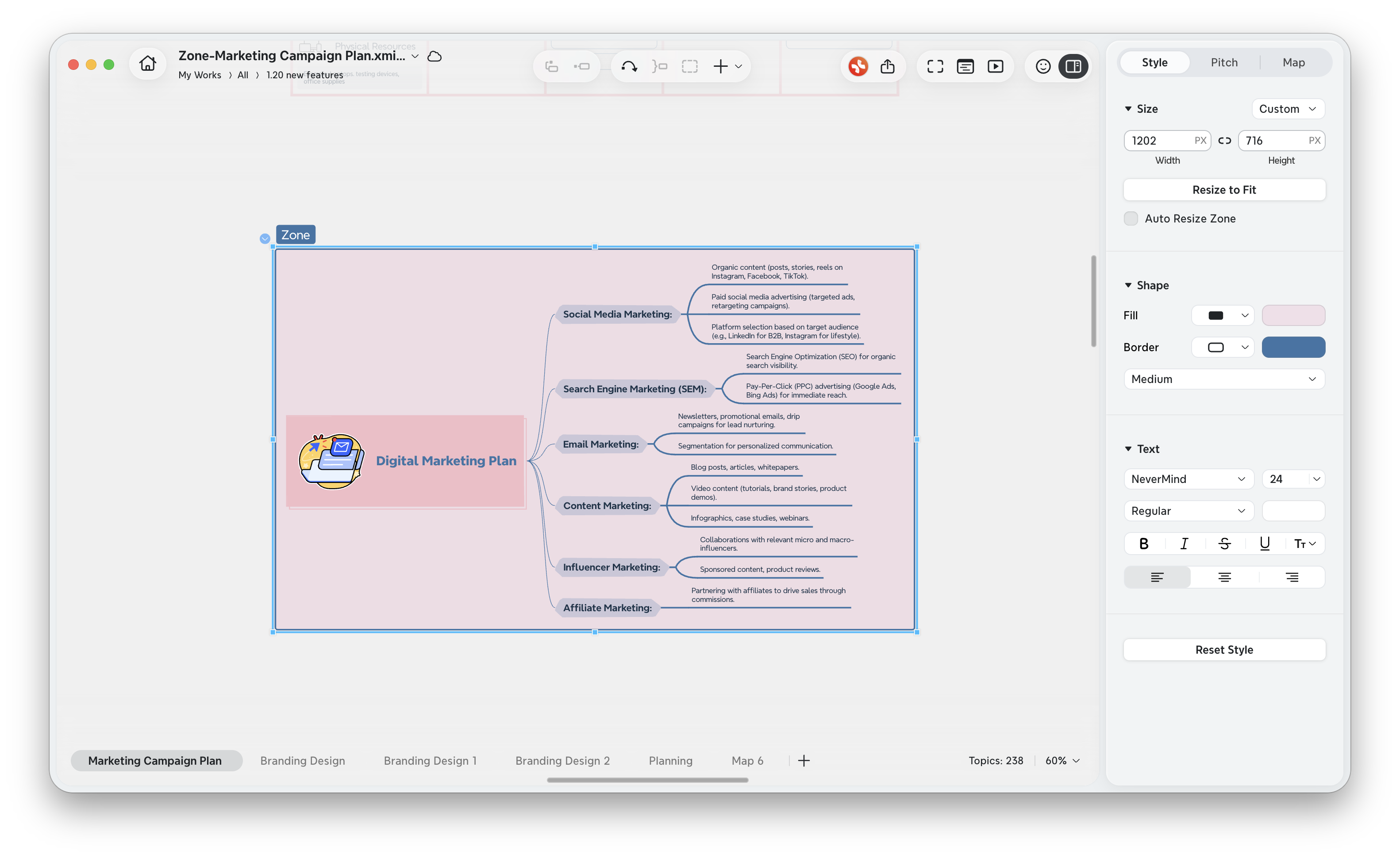 Xmind interface showing a Zone feature highlighting a Digital Marketing Plan mind map.