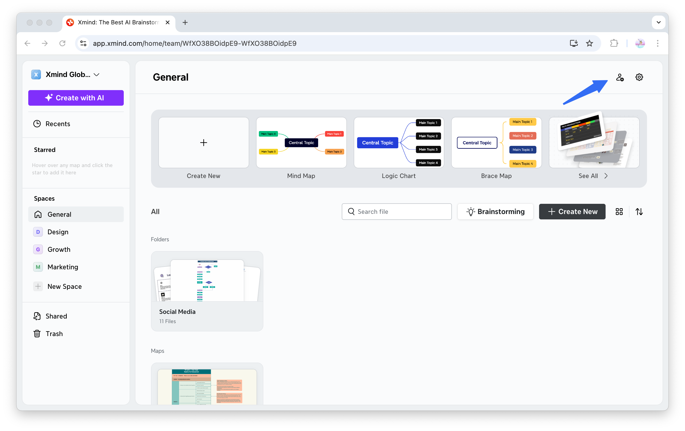 Interfaz de gestión de equipos de Xmind con opciones de proyectos