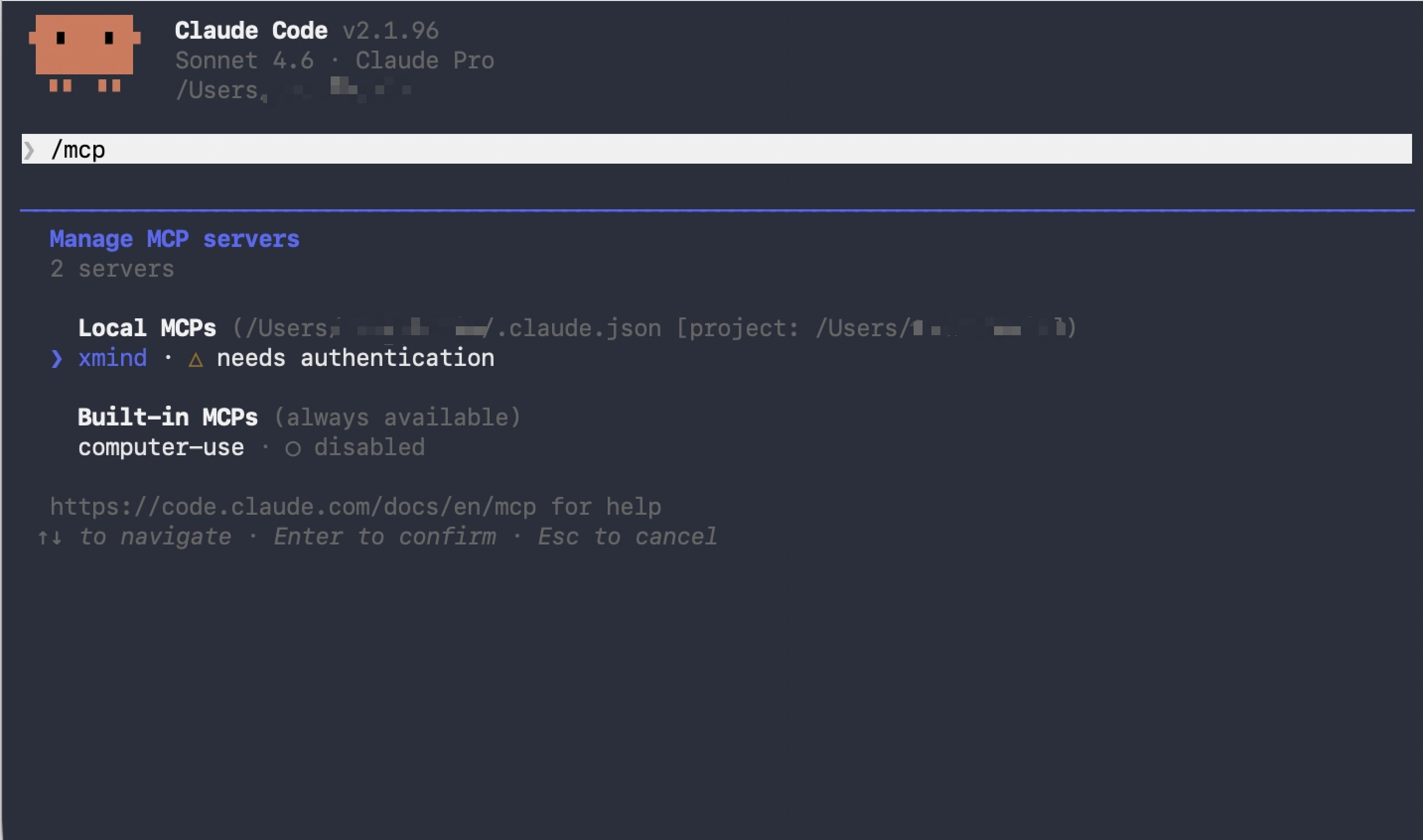 Claude-Code-Terminalablauf mit dem Xmind-MCP-Server, der über den Befehl hinzugefügt wurde.
