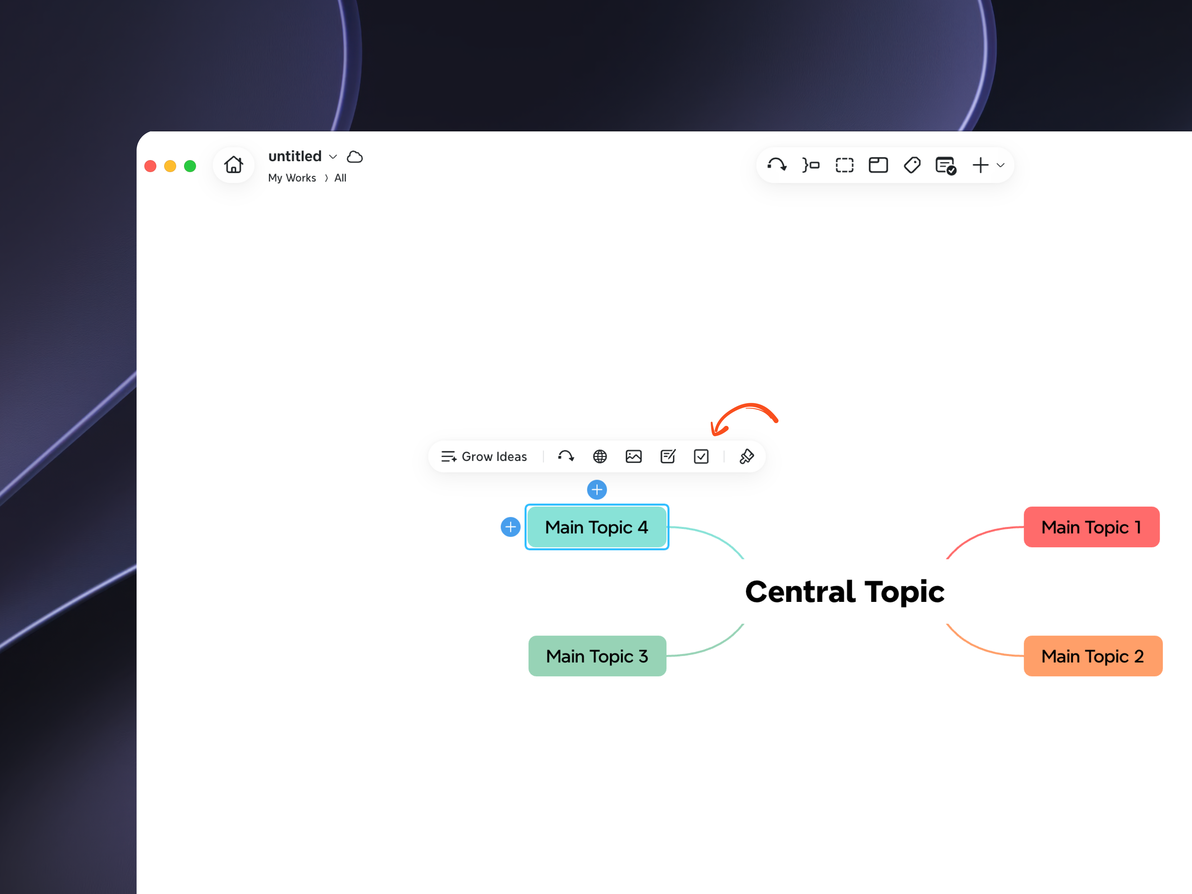 Xmindで選択したトピックのスクリーンショット。フローティングツールバーが表示されています。ツールバーには、「アイデアを展開」、「関連」、「ウェブリンク」、「画像」、「メモ」、「To-Do」、「スタイル」の各ボタンがあります。