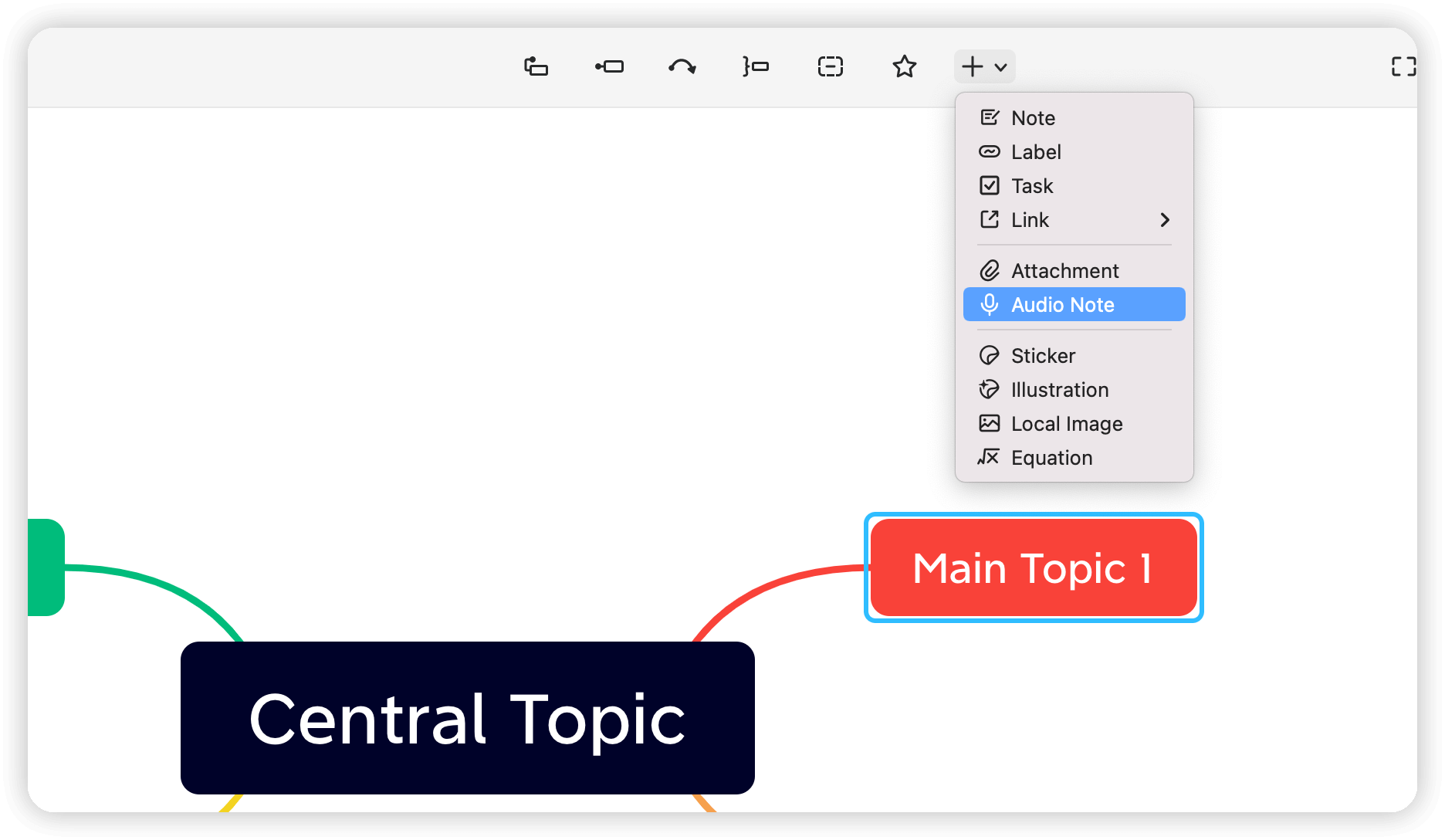 User interface showing mind map with “Central Topic” and “Main Topic 1,” plus options for adding audio notes and other elements.