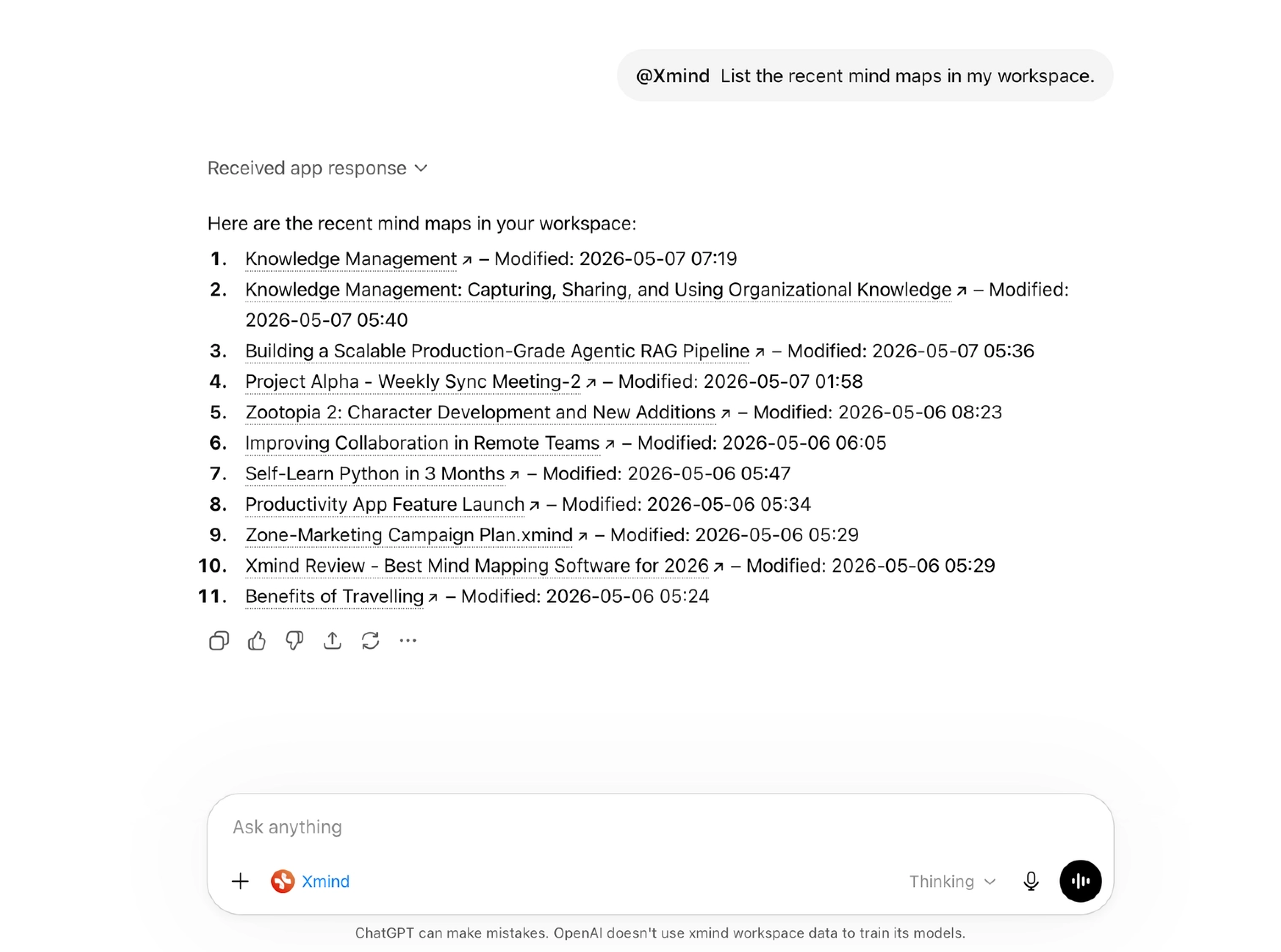 ChatGPT内でXmind MCPを使ってマインドマップを一覧表示する