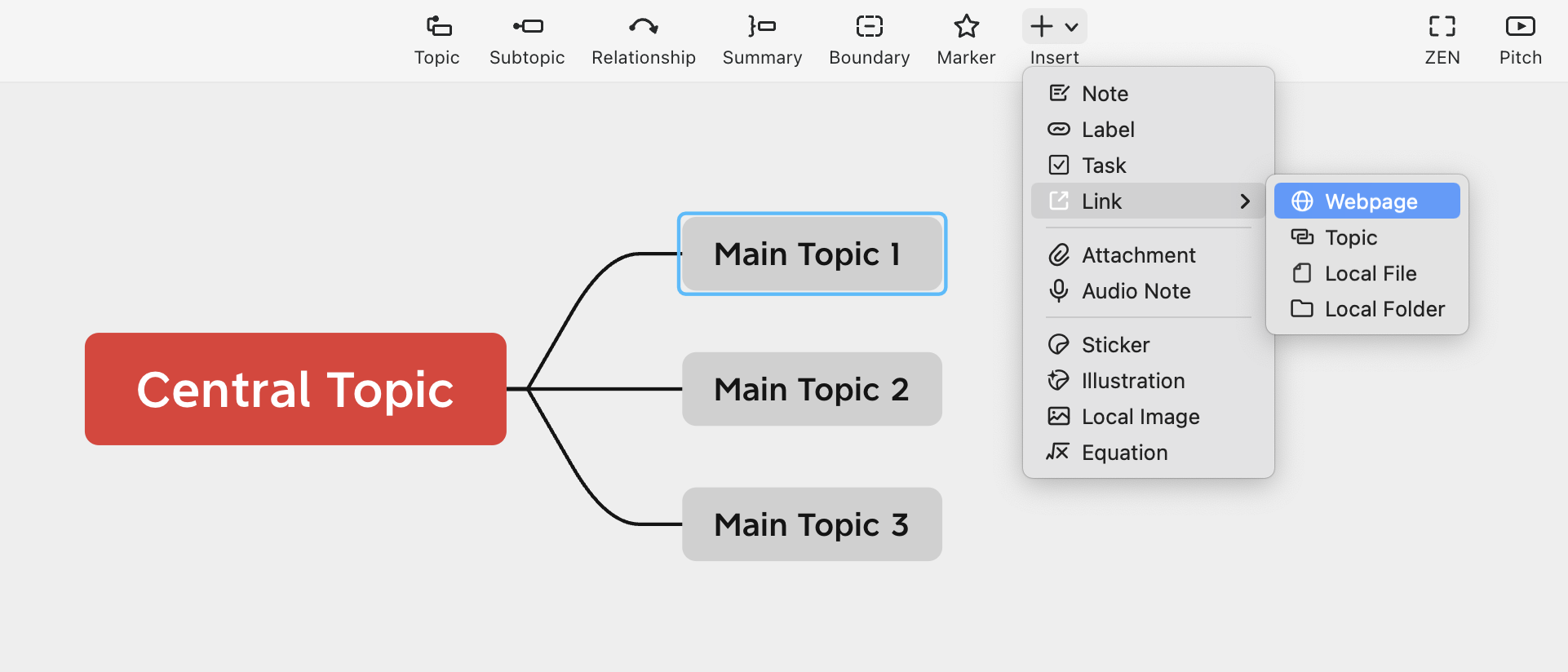 Mind map with a central topic labeled “Central Topic” and three main topics branching out, along with an insert menu.