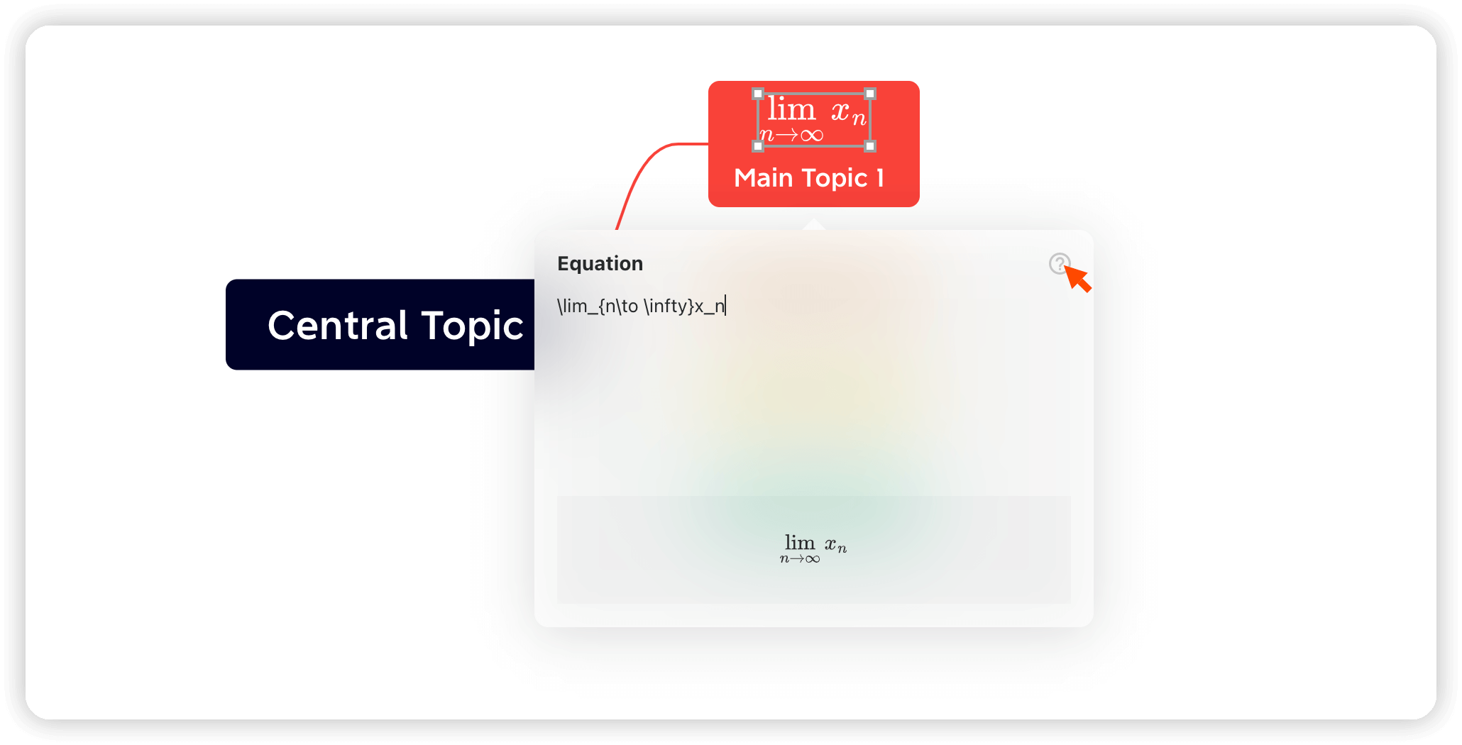 Diagram showing a central topic labeled “Central Topic” with a connected main topic and mathematical equation displayed.