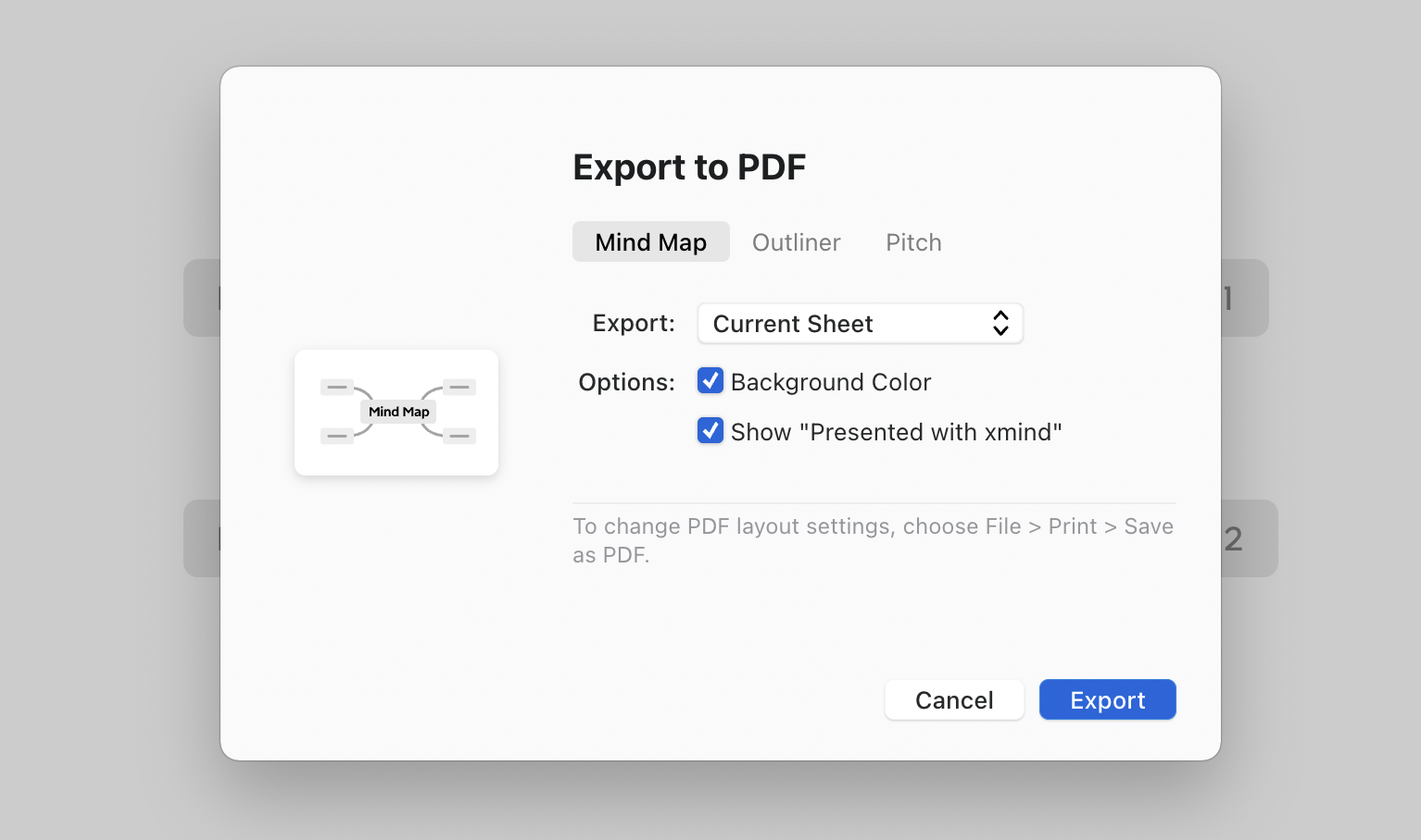 Export dialog for a mind map, featuring options for background color and presentation format.