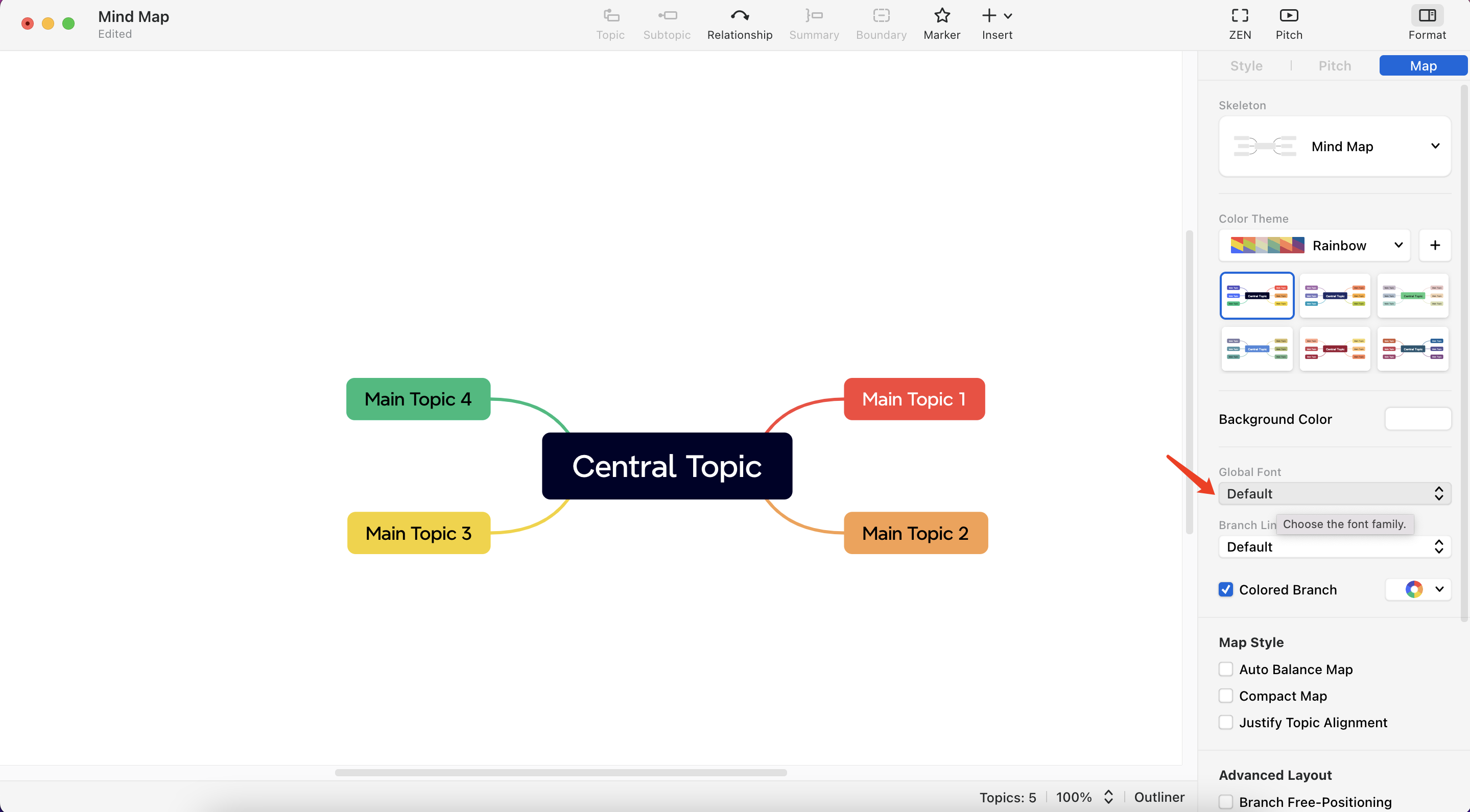 Mind map featuring a central topic connected to four main topics, with colorful labeled branches.