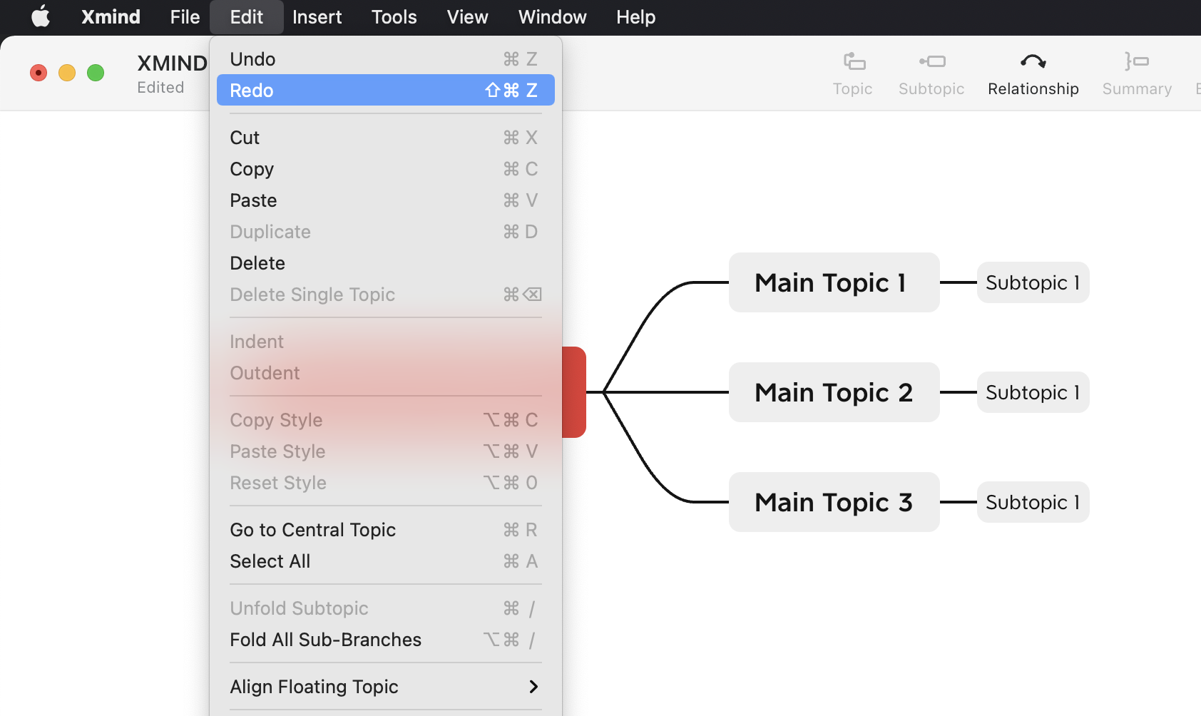 Menu in XMind displaying editing options including Undo, Redo, Cut, Copy, and topics with subtopics in a mind map format.