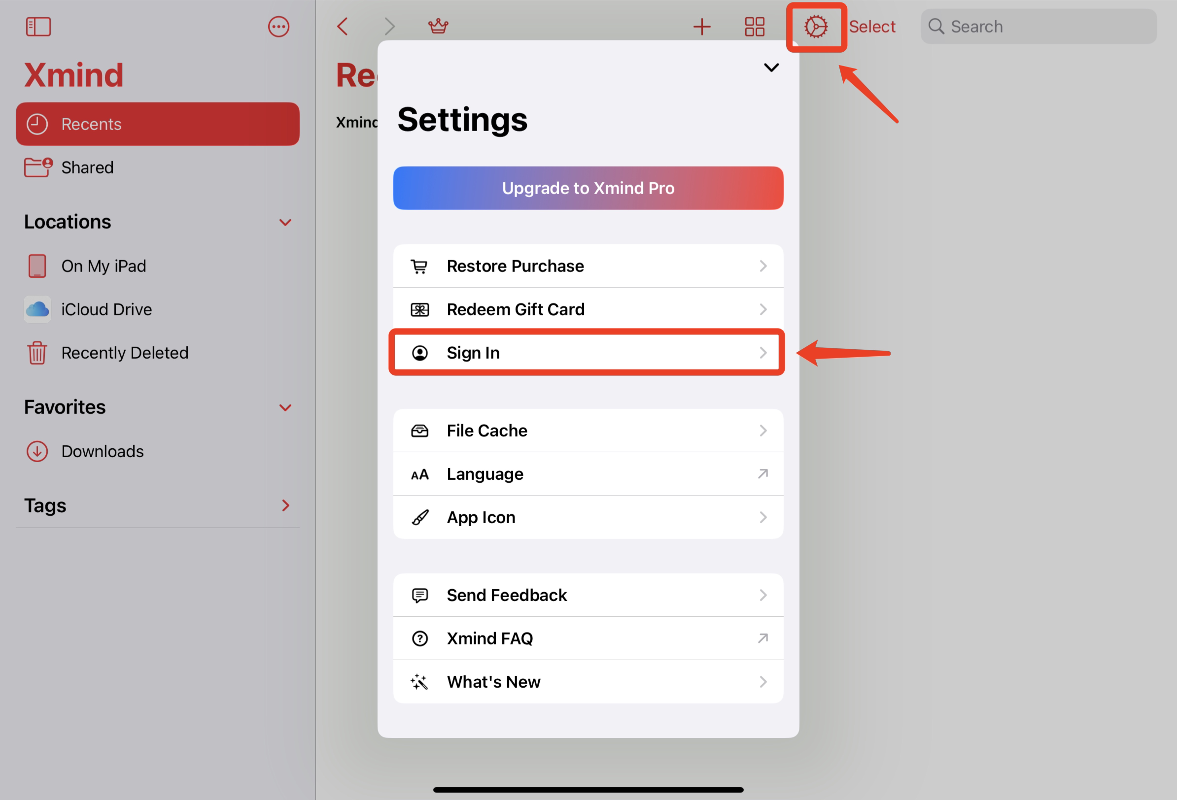 Página de configuración de la aplicación Xmind que muestra opciones, con “Iniciar sesión” resaltado en rojo.