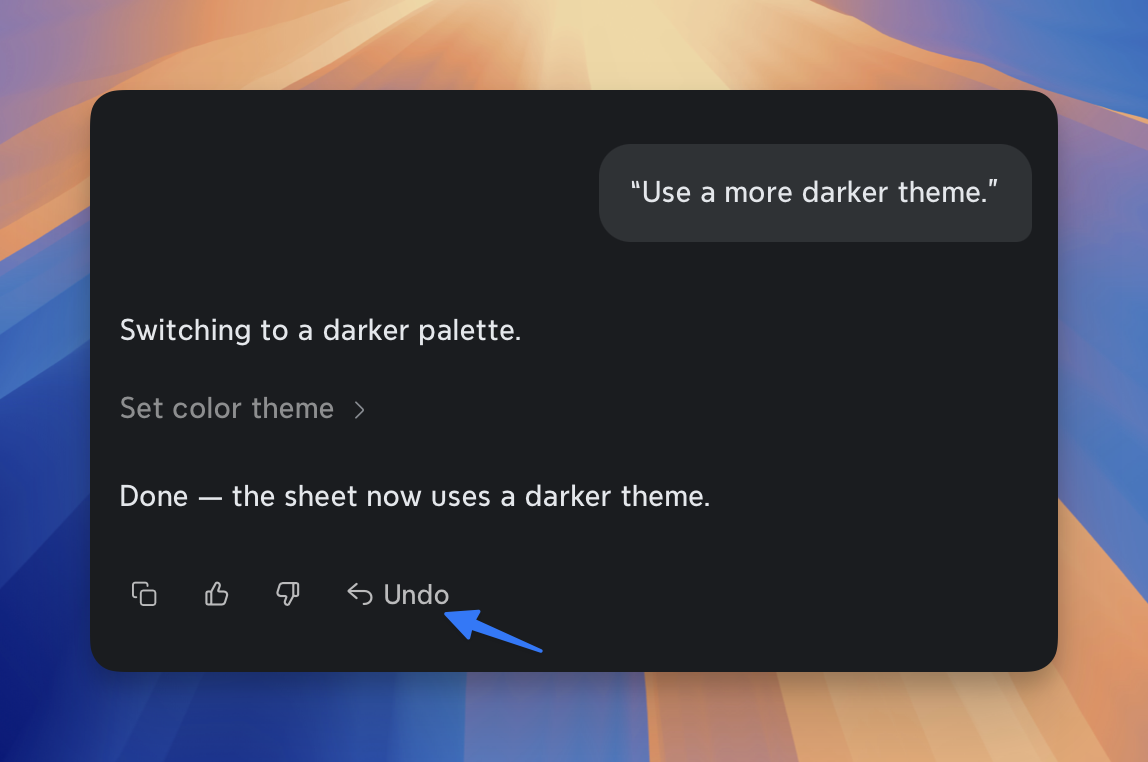 Xmind AI interface showing theme change request and undo button with blue arrow pointer.