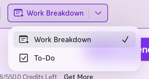 Le menu Mode dans la fenêtre Créer avec l’IA dans Xmind sur Mac, affichant Répartition du travail et Liste de tâches.