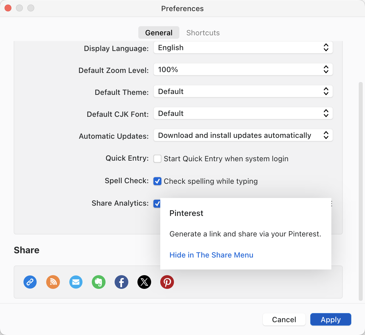 Preferences window showing general settings such as language, zoom level, theme, and sharing options for Pinterest.