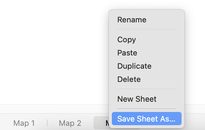 Menu showing options for a spreadsheet, including “Rename,” “Copy,” “Paste,” and “Save Sheet As.