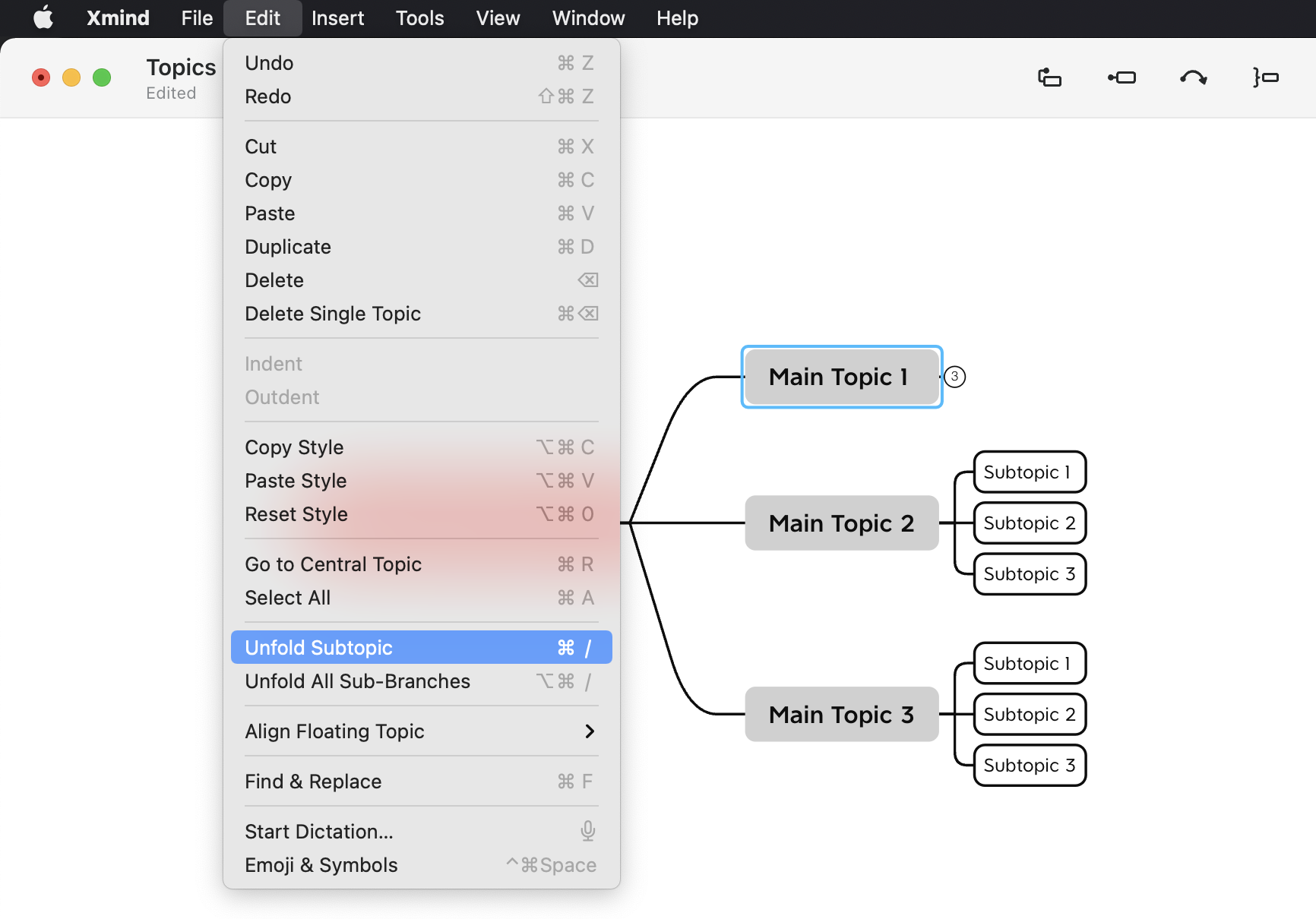 Menu options from an application with a focus on topics and subtopics, including editing commands and organizational structure.