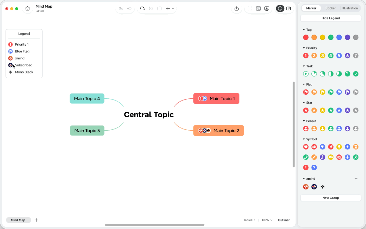 Capture d’écran d’une légende de mind map, montrant un nom de marqueur personnalisé renommé dans la légende.