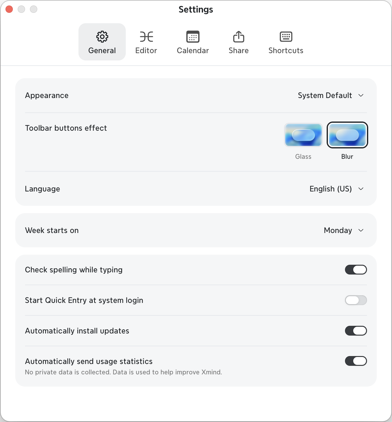 Xmind Allgemeine Einstellungen für Darstellung, Sprache, Wochenstart, Rechtschreibung, Schnelleingabe, automatische Updates und Nutzungsstatistiken.