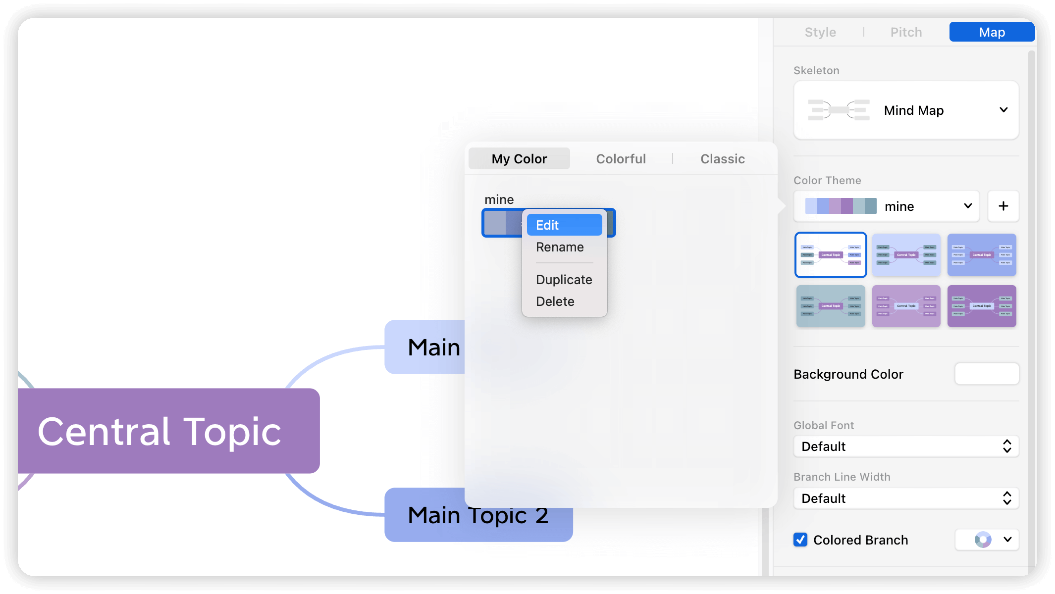 Mind map interface showing a central topic with options to edit color themes and branch styles.