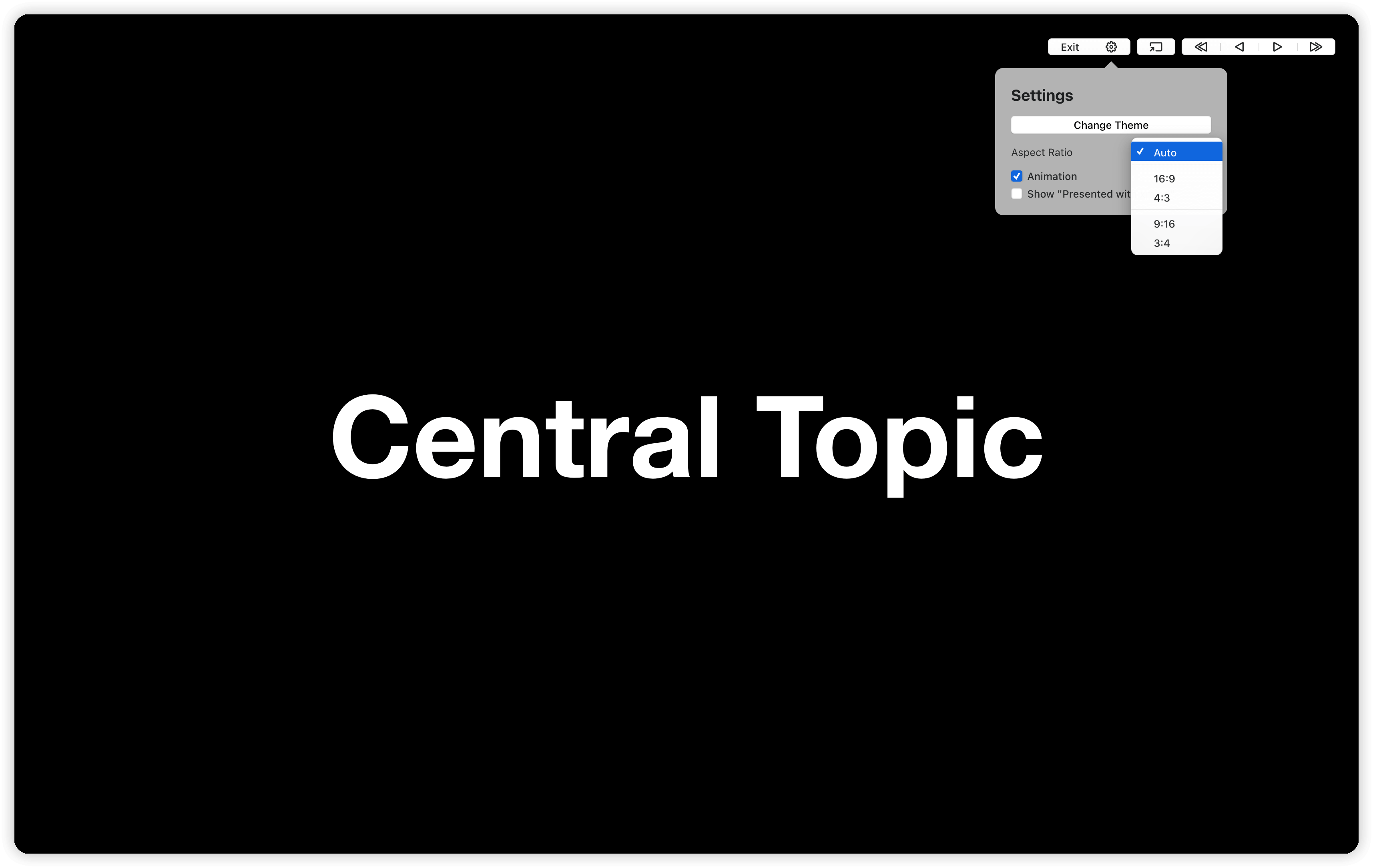 Texte sur fond noir indiquant « Sujet central » avec un menu des paramètres dans le coin supérieur droit.