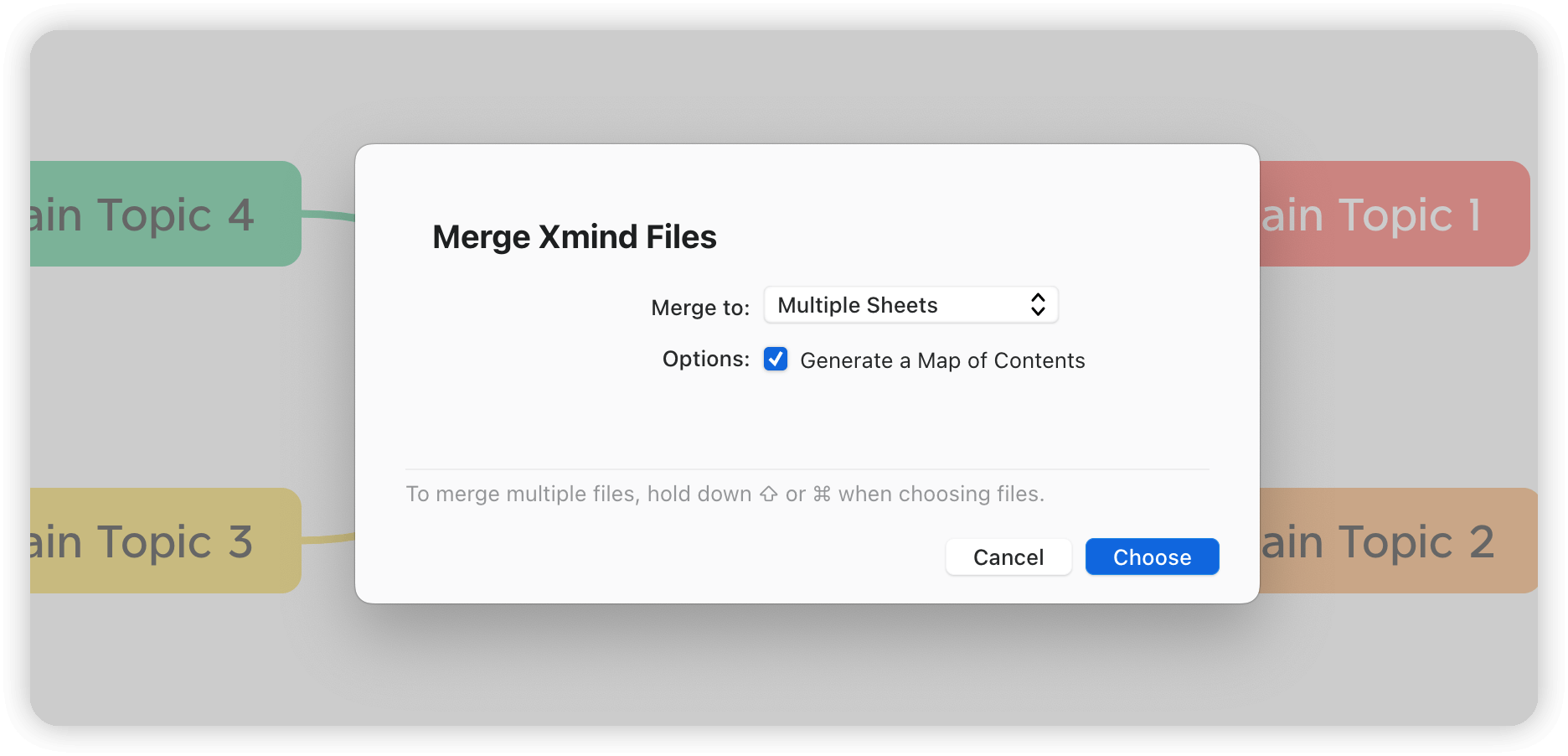 複数のシートへの結合とコンテンツのマップの生成オプションがあるXmindファイル結合ダイアログボックス。