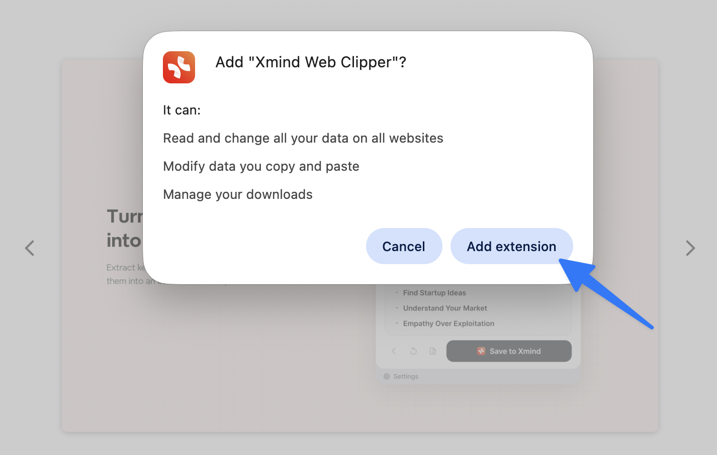 Browser extension installation dialog for Xmind Web Clipper with Add extension button highlighted.