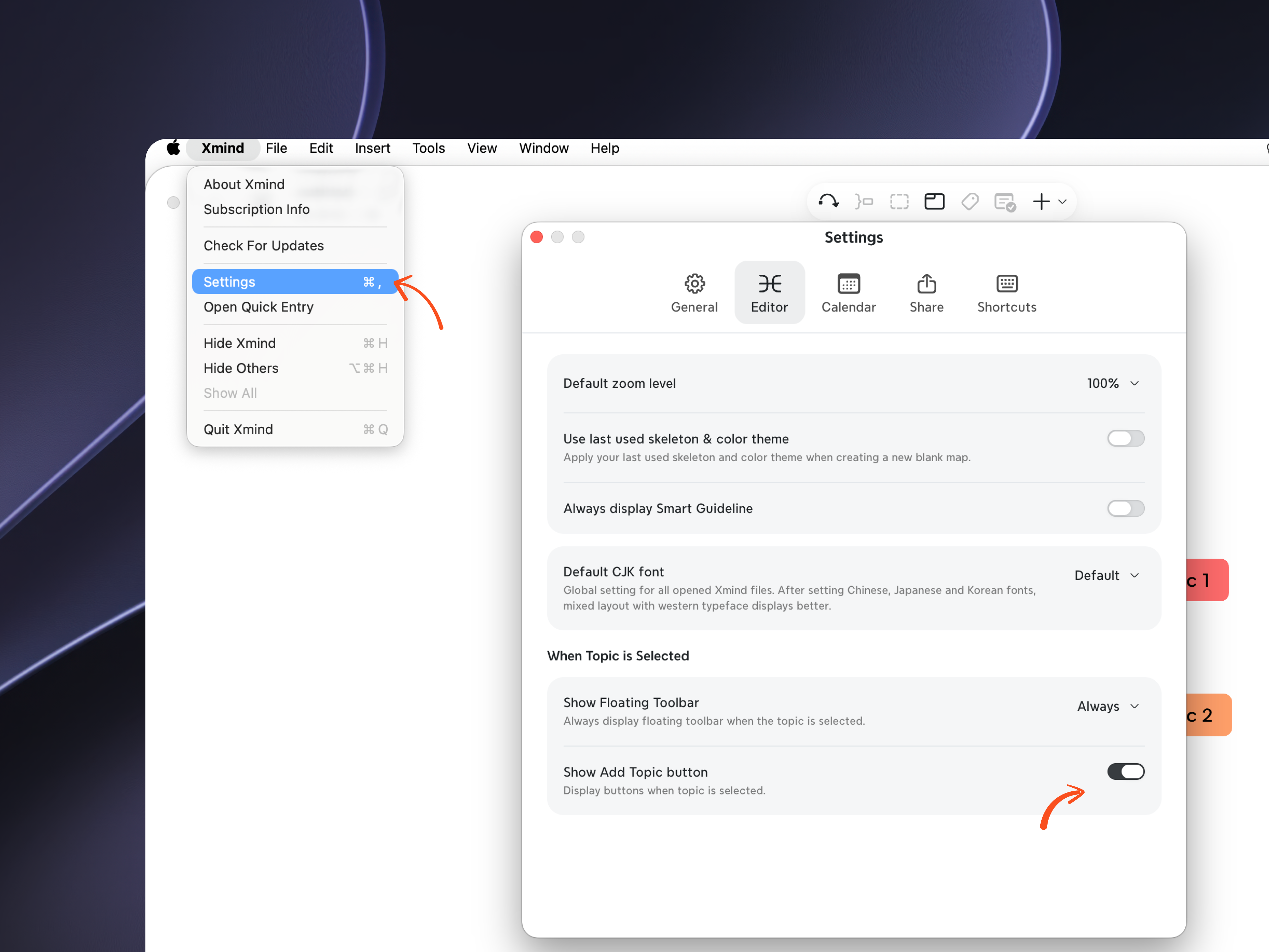 Скриншот настроек Xmind с открытым разделом «Редактор». Переключатель «Показывать кнопку добавления темы» виден и включен.